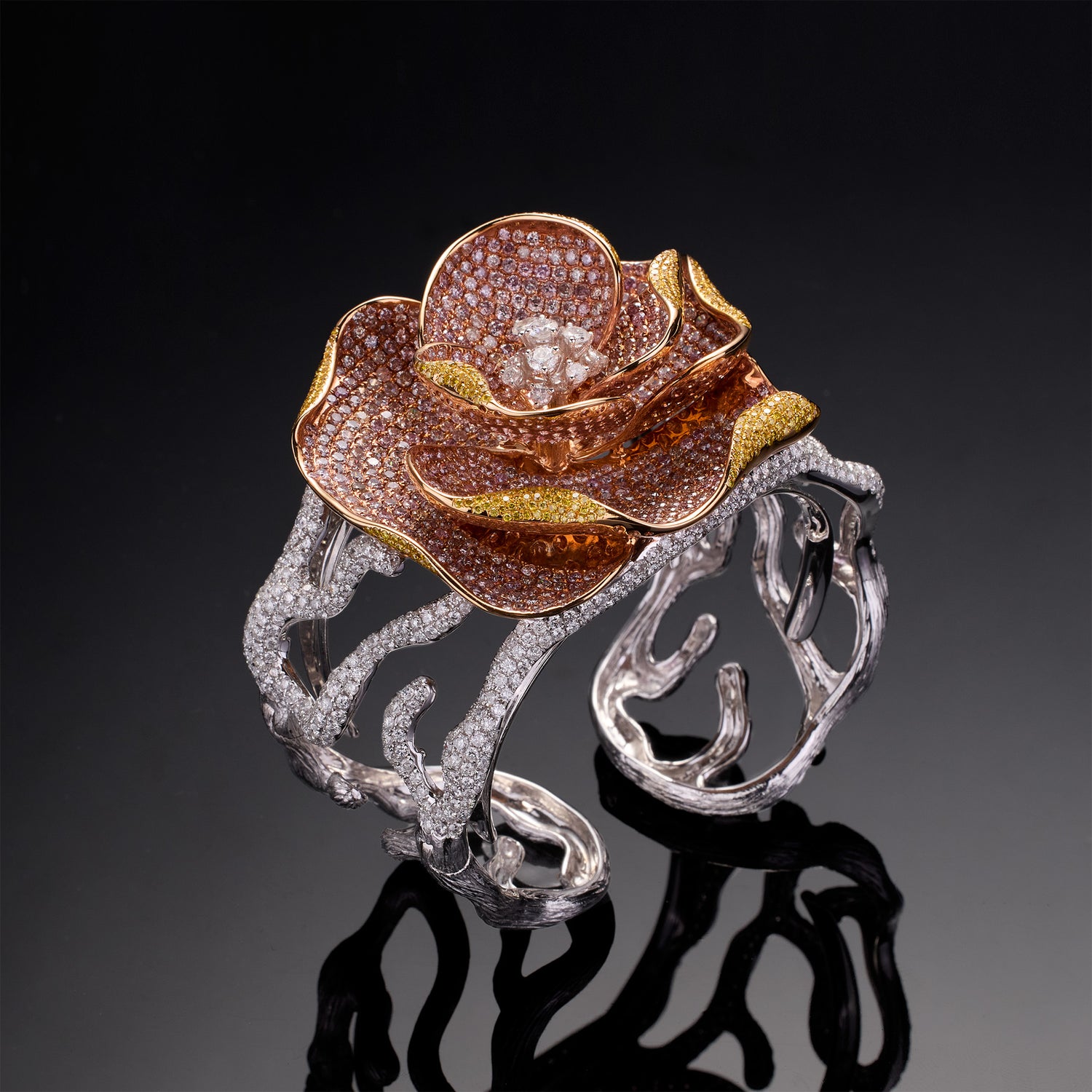 18K Gold Rose Bangle with Pink Diamonds & White Diamonds - Jewelry And Store