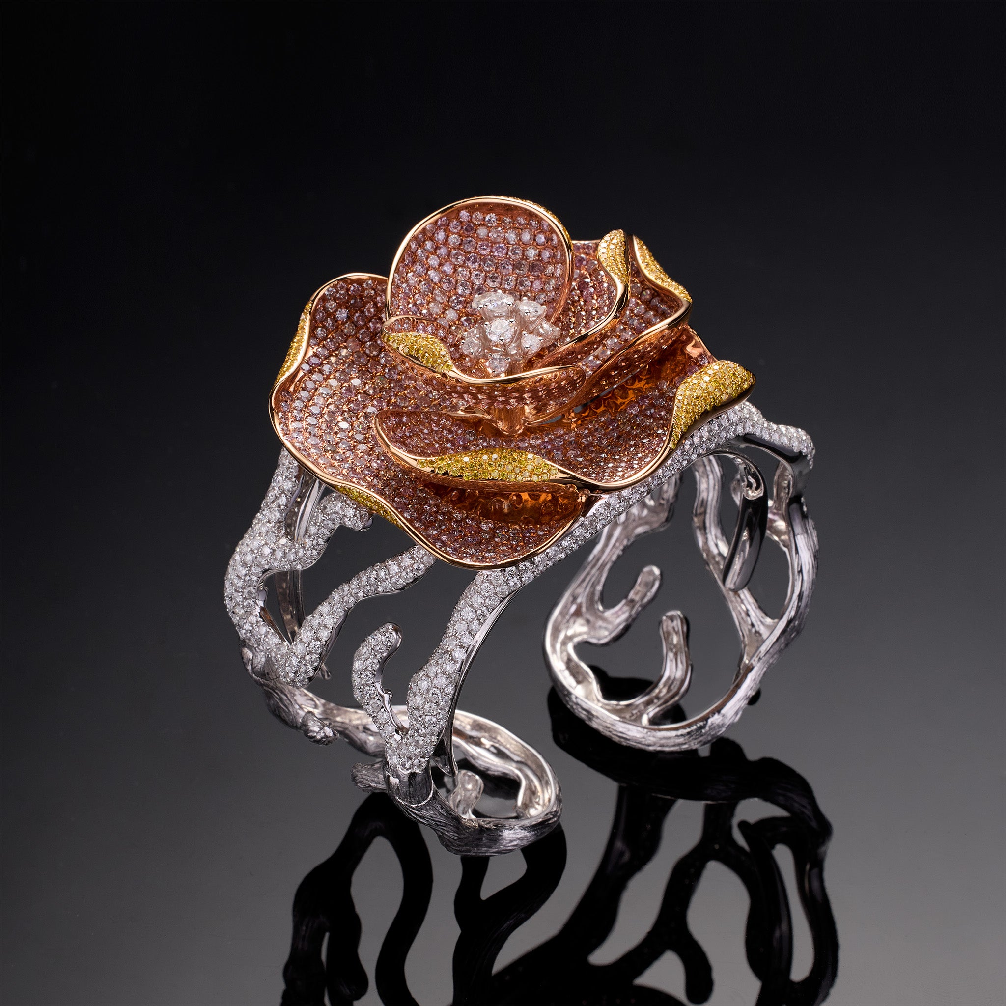 18K Gold Rose Bangle with Pink Diamonds & White Diamonds - Jewelry And Store