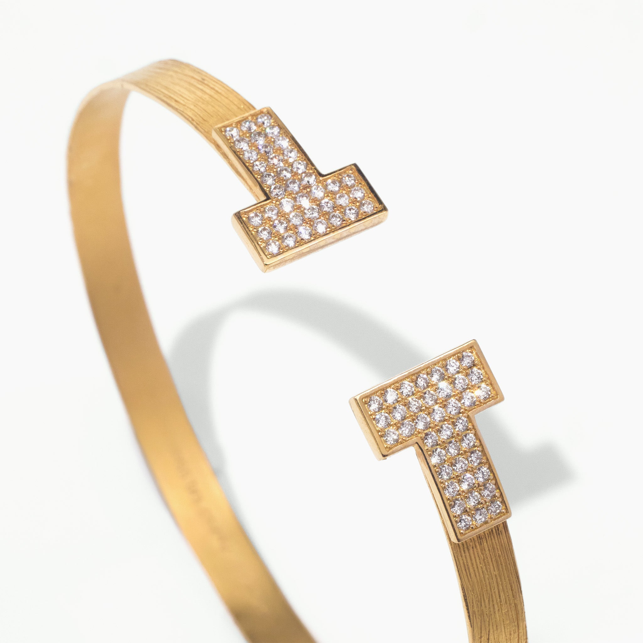 18K Gold Textured Open Bangle with Pave Diamond T - Bar Design - Jewelry And Store