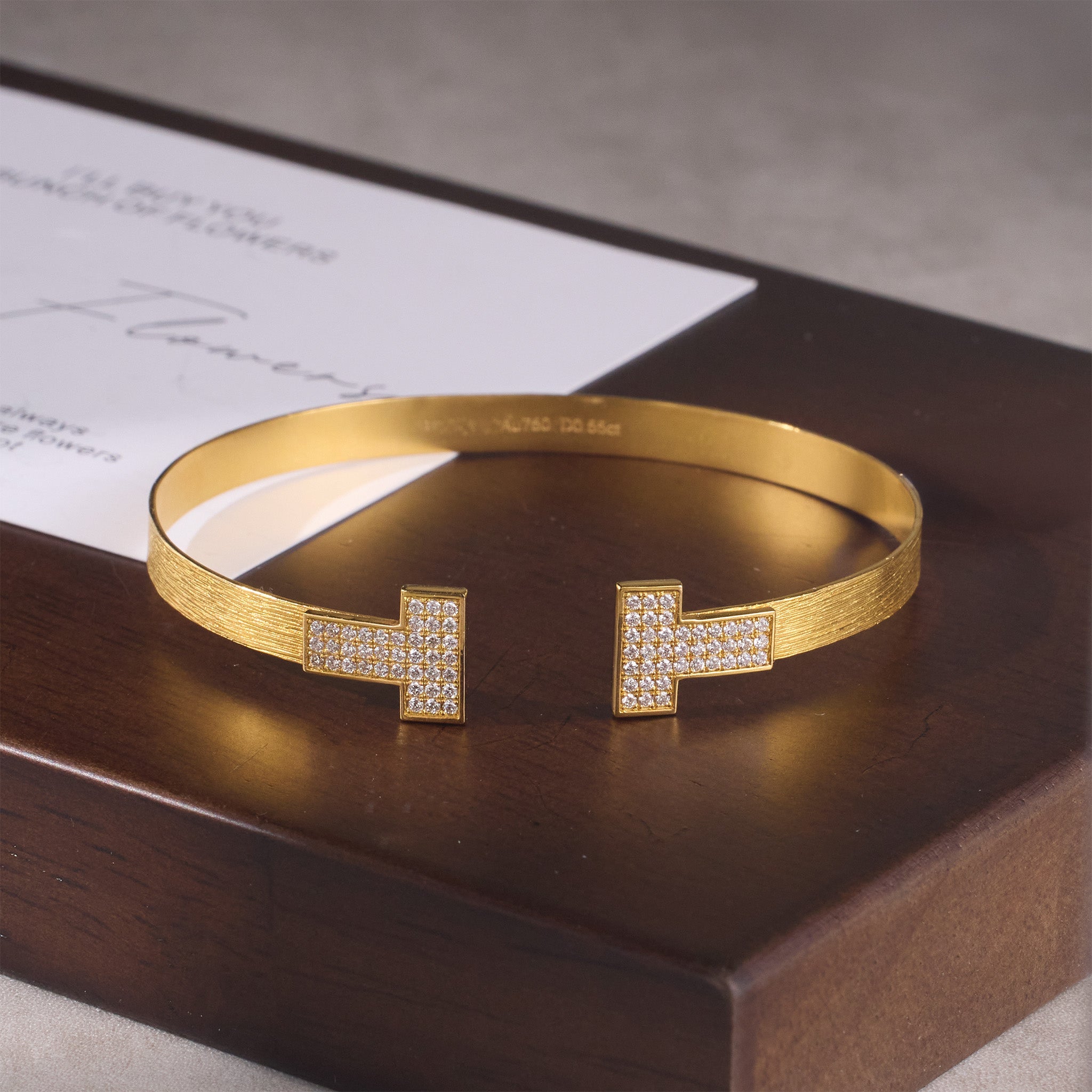 18K Gold Textured Open Bangle with Pave Diamond T - Bar Design - Jewelry And Store