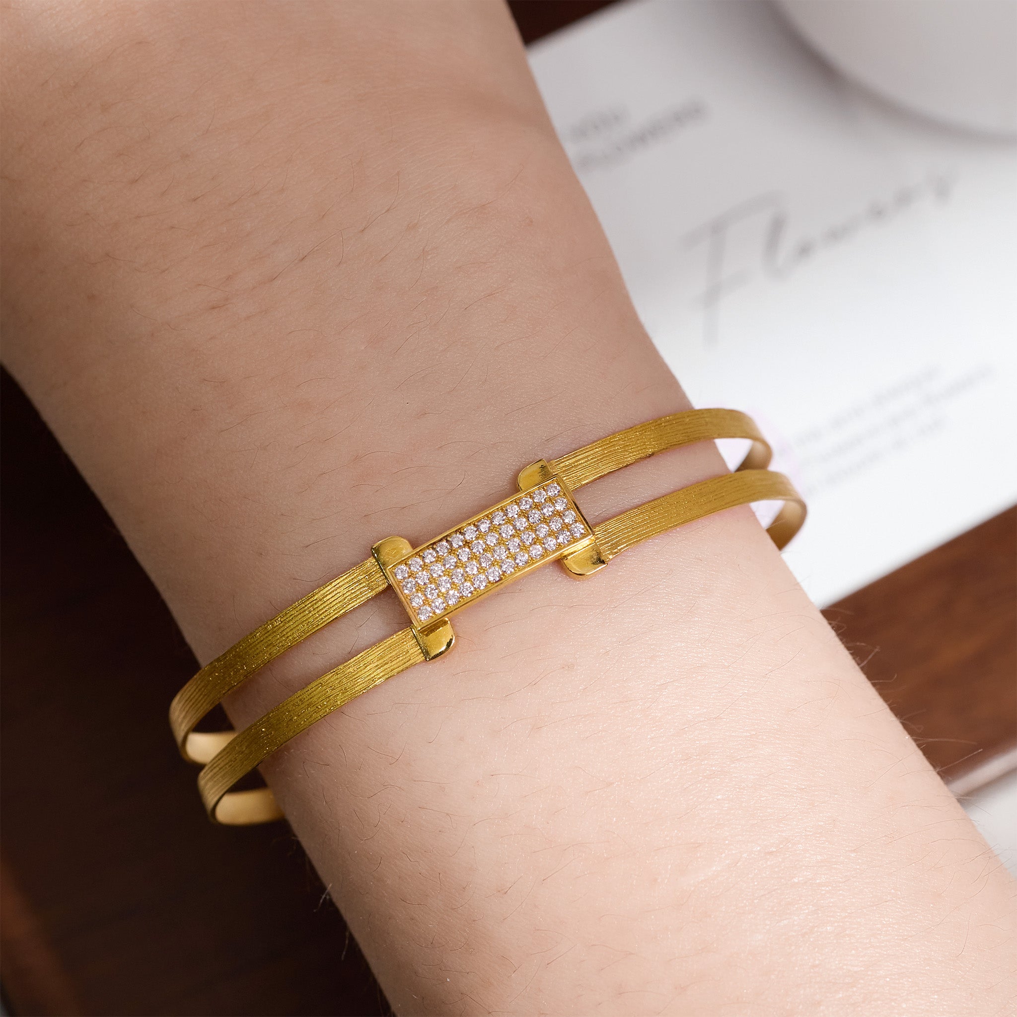 18K Gold Easy - Lock Diamond Bangle with Hand - Hammered Finish - Jewelry And Store