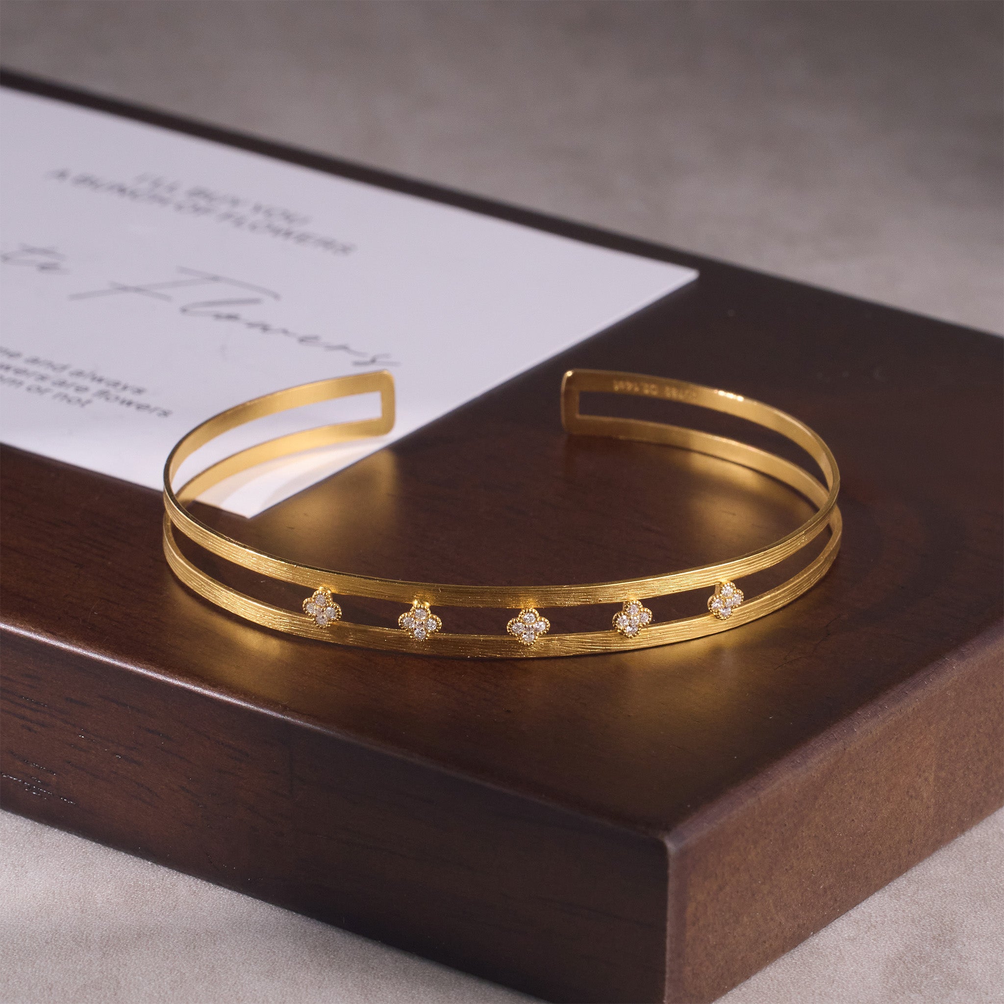 18K Gold Open Cuff Bangle with Diamond Clover Motifs - Jewelry And Store