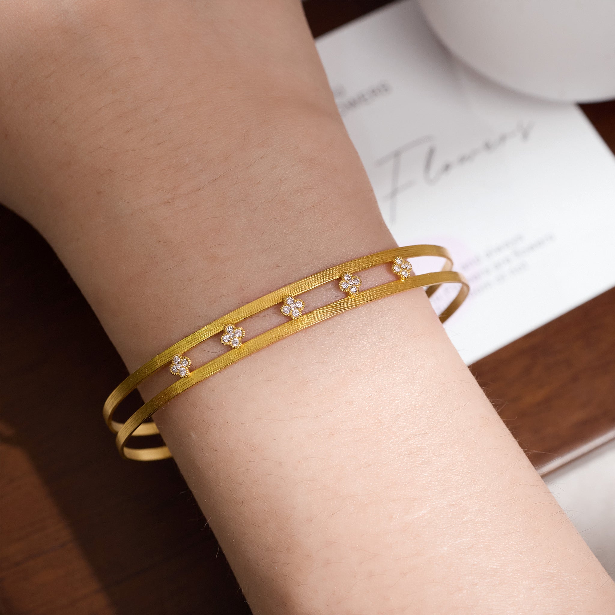 18K Gold Open Cuff Bangle with Diamond Clover Motifs - Jewelry And Store