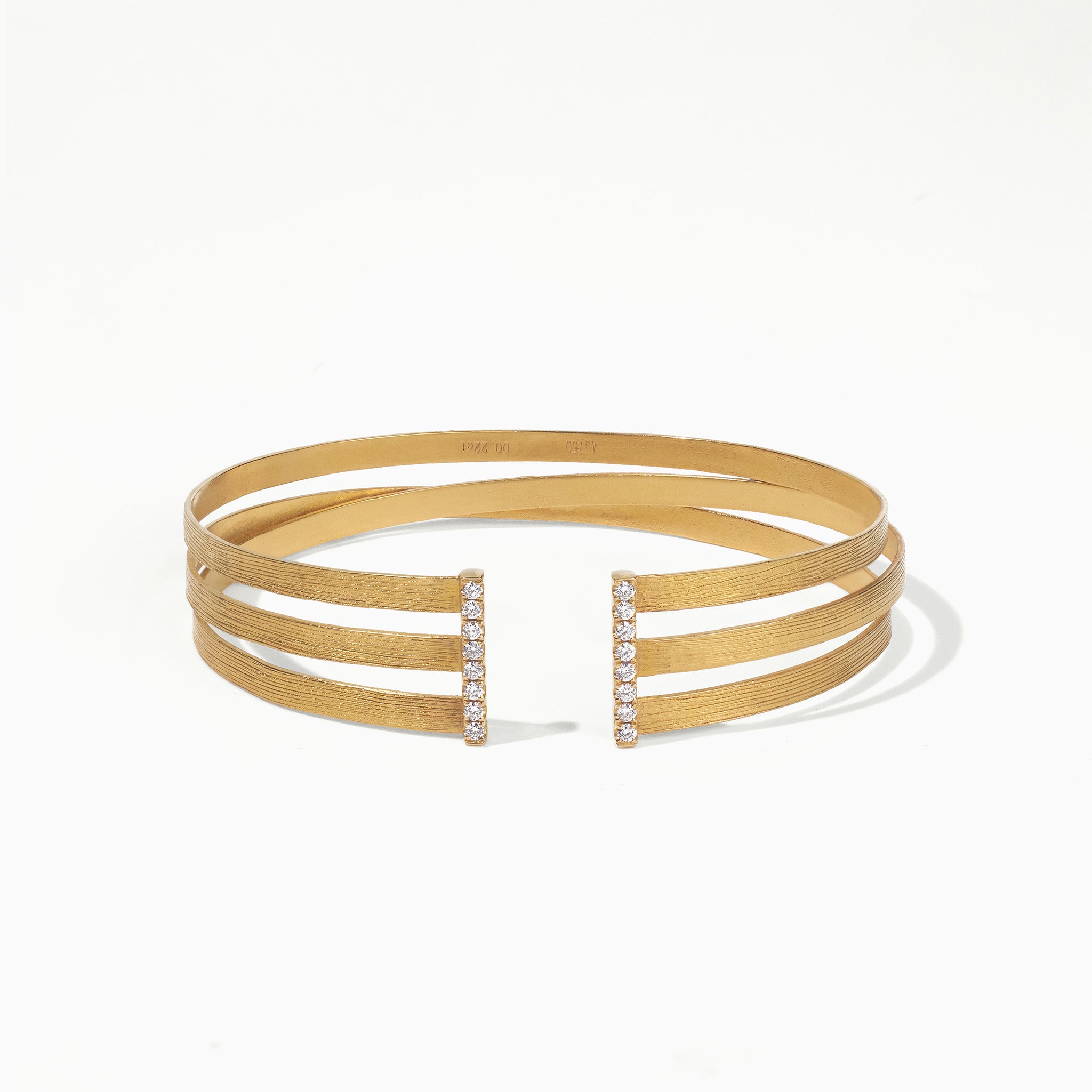 18K Gold Triple Band Cuff Diamond Bangle with Hand - Hammered Texture - Jewelry And Store