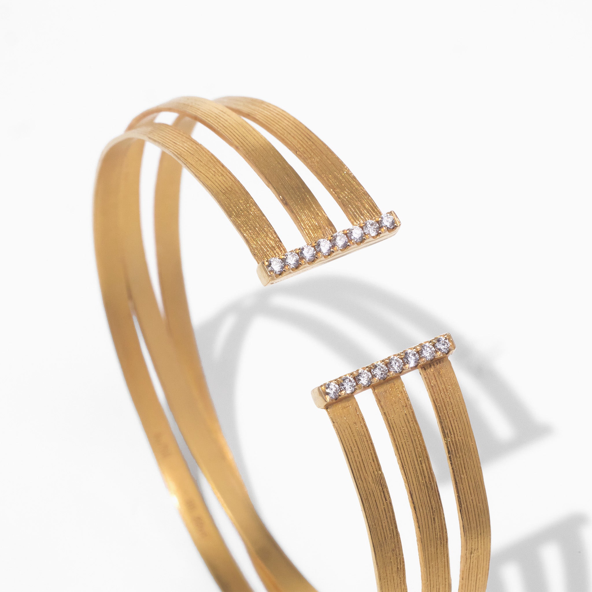 18K Gold Triple Band Cuff Diamond Bangle with Hand - Hammered Texture - Jewelry And Store