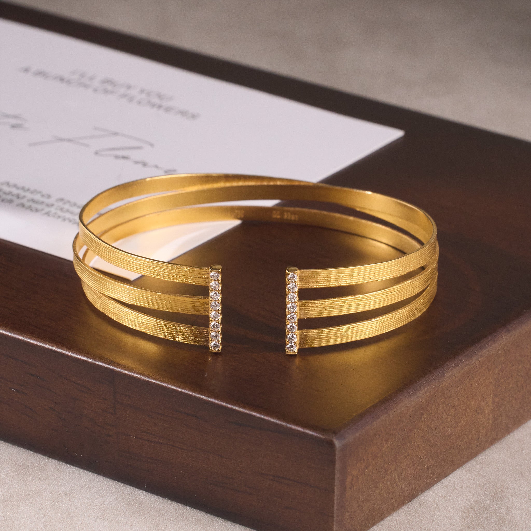 18K Gold Triple Band Cuff Diamond Bangle with Hand - Hammered Texture - Jewelry And Store