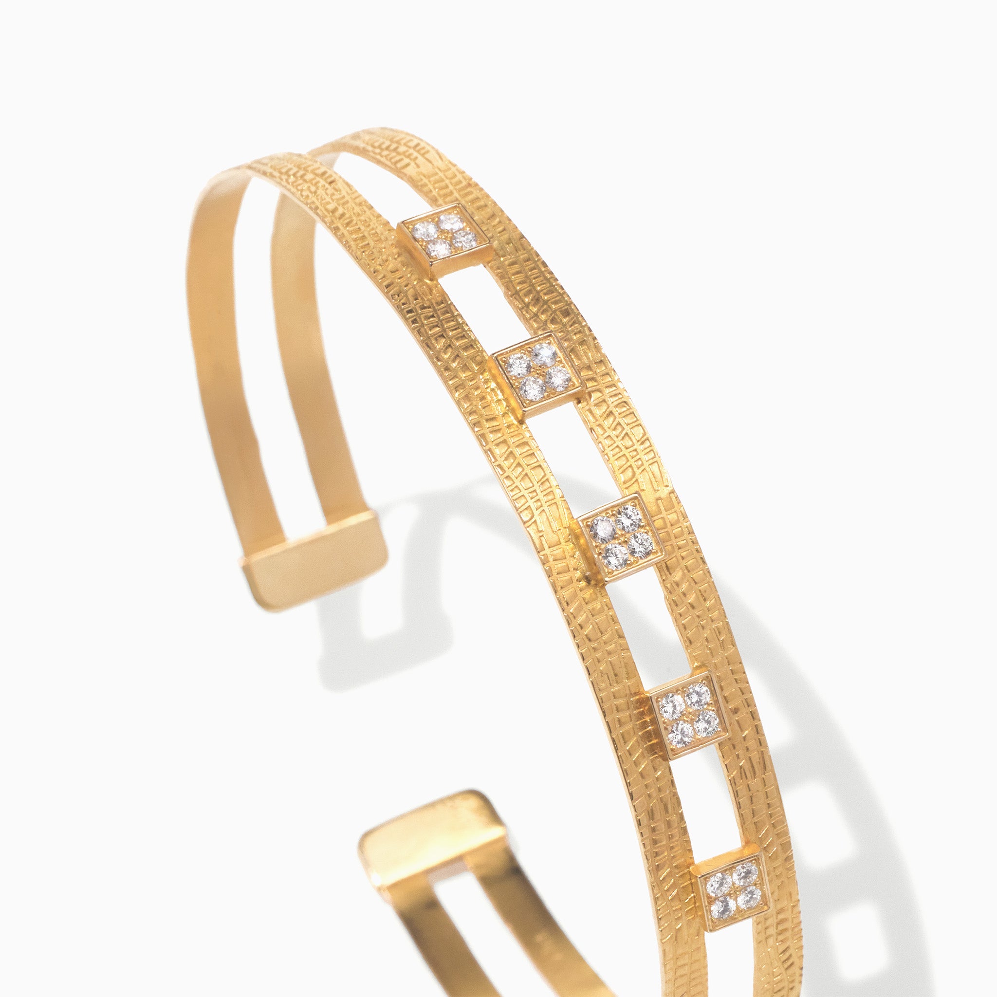 18K Gold Diamond Open Cuff Bangle with Hand - Hammered Finish - Jewelry And Store