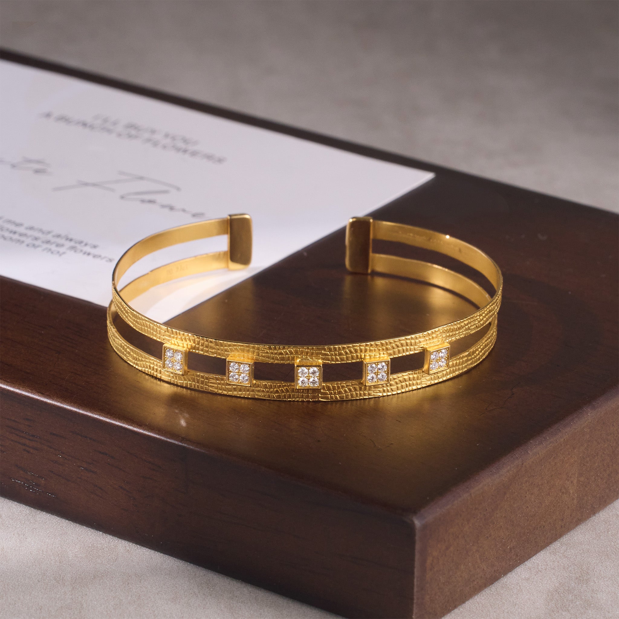 18K Gold Diamond Open Cuff Bangle with Hand - Hammered Finish - Jewelry And Store
