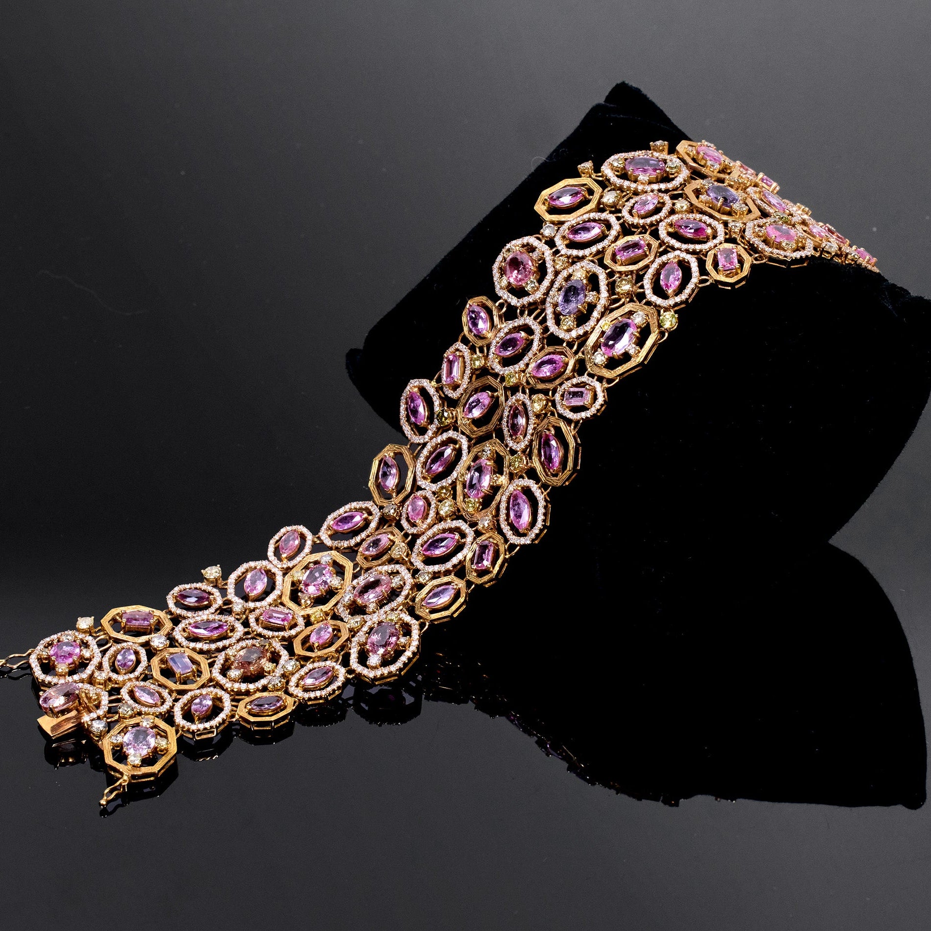 18K Rose Gold Wide Bracelet with Natural Sapphires and Color Diamonds - JewelryAndStore