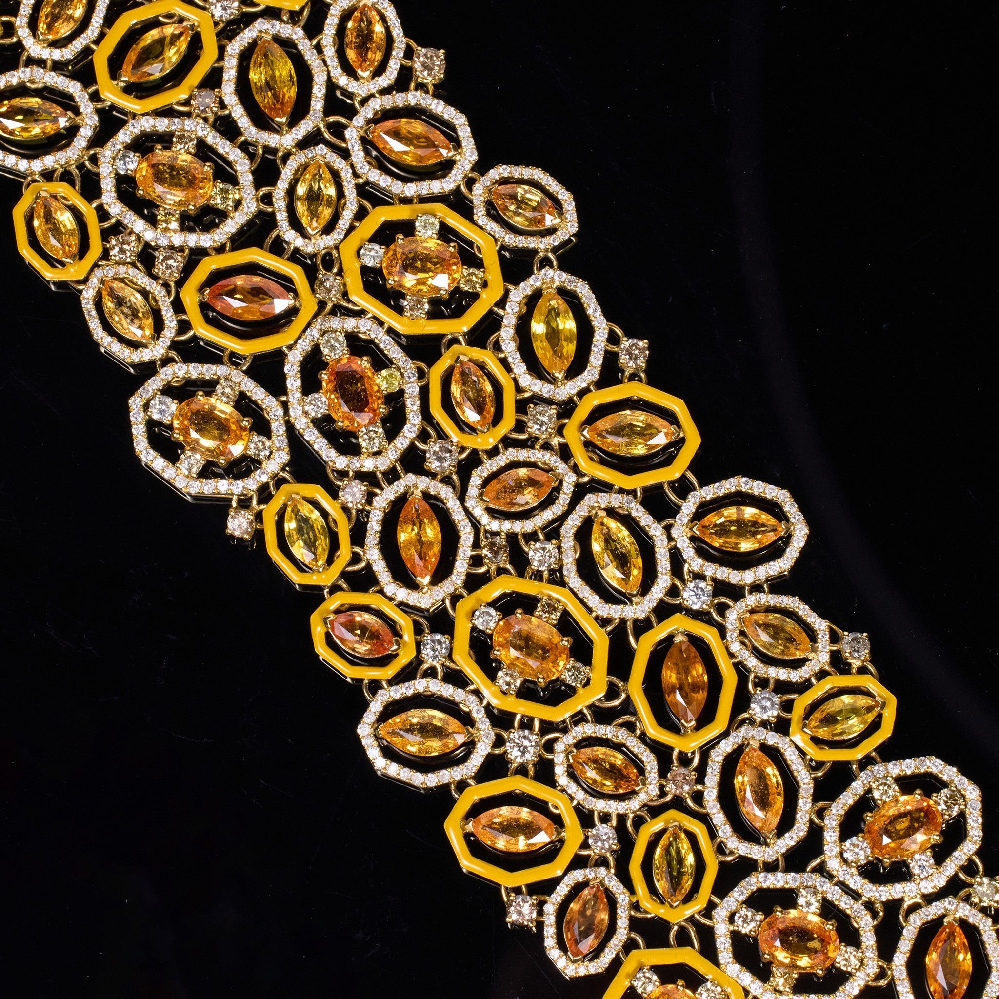 18K Yellow Gold Wide Bracelet with Natural Sapphires and Color Diamonds - JewelryAndStore