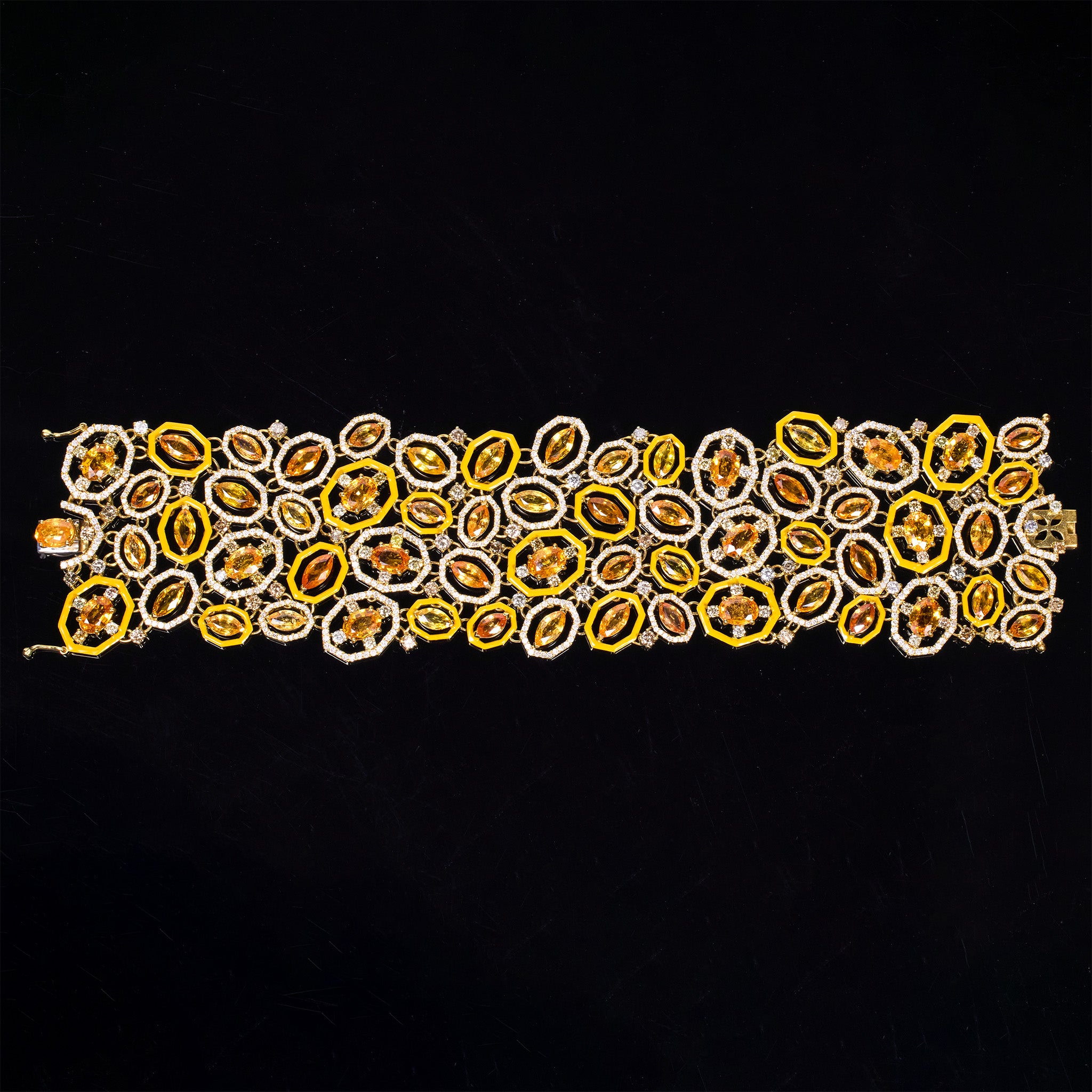18K Yellow Gold Wide Bracelet with Natural Sapphires and Color Diamonds - JewelryAndStore