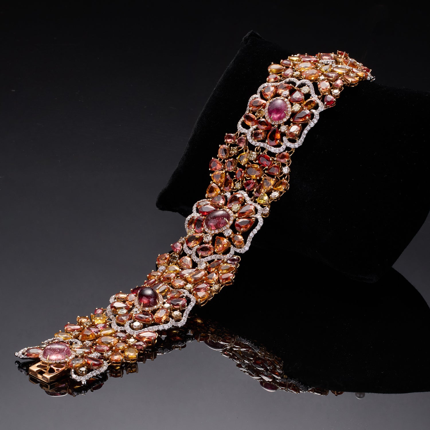 18K White Gold Flower Bracelet with Tourmalines and Color Diamonds - Jewelry And Store