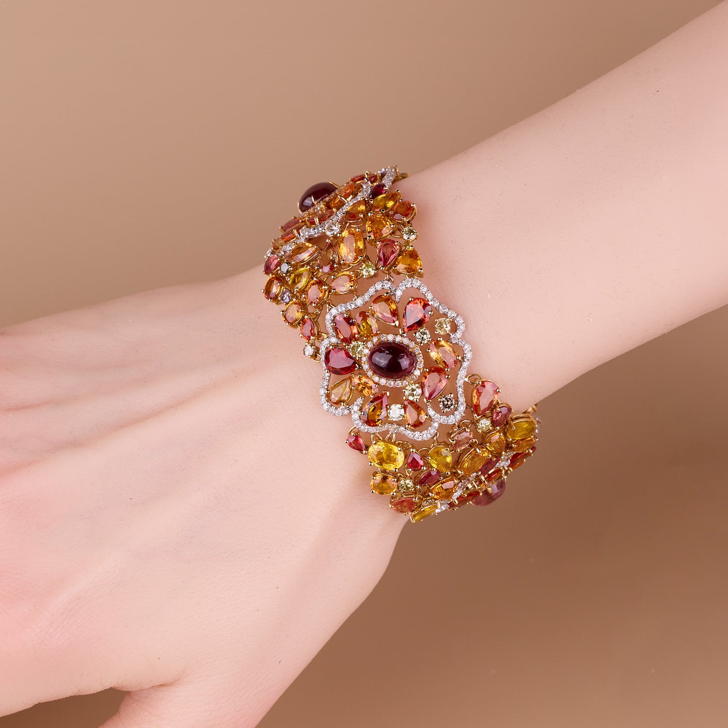 18K White Gold Flower Bracelet with Tourmalines and Color Diamonds - Jewelry And Store