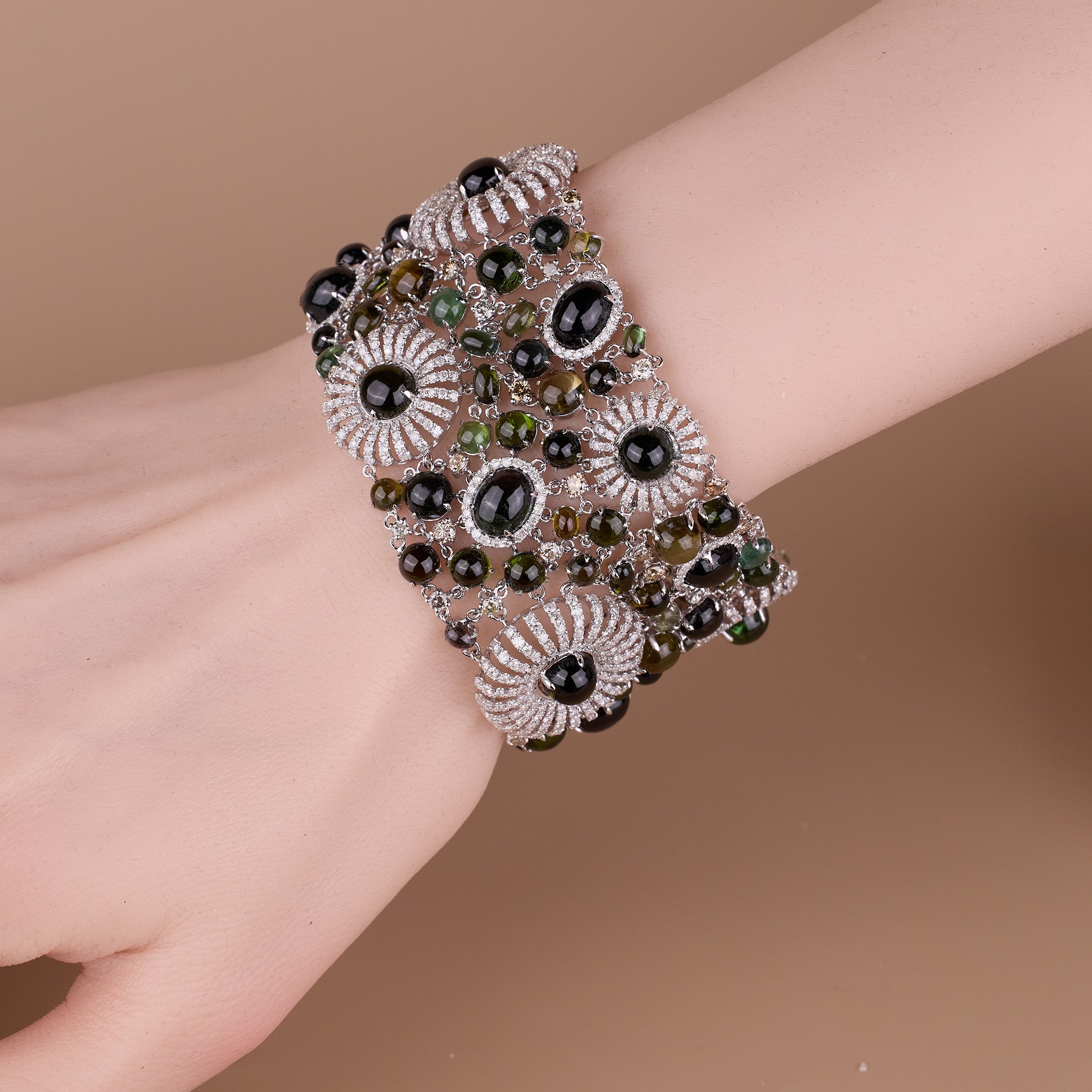 18K White Gold Floral Bracelet with Tourmaline and Diamonds