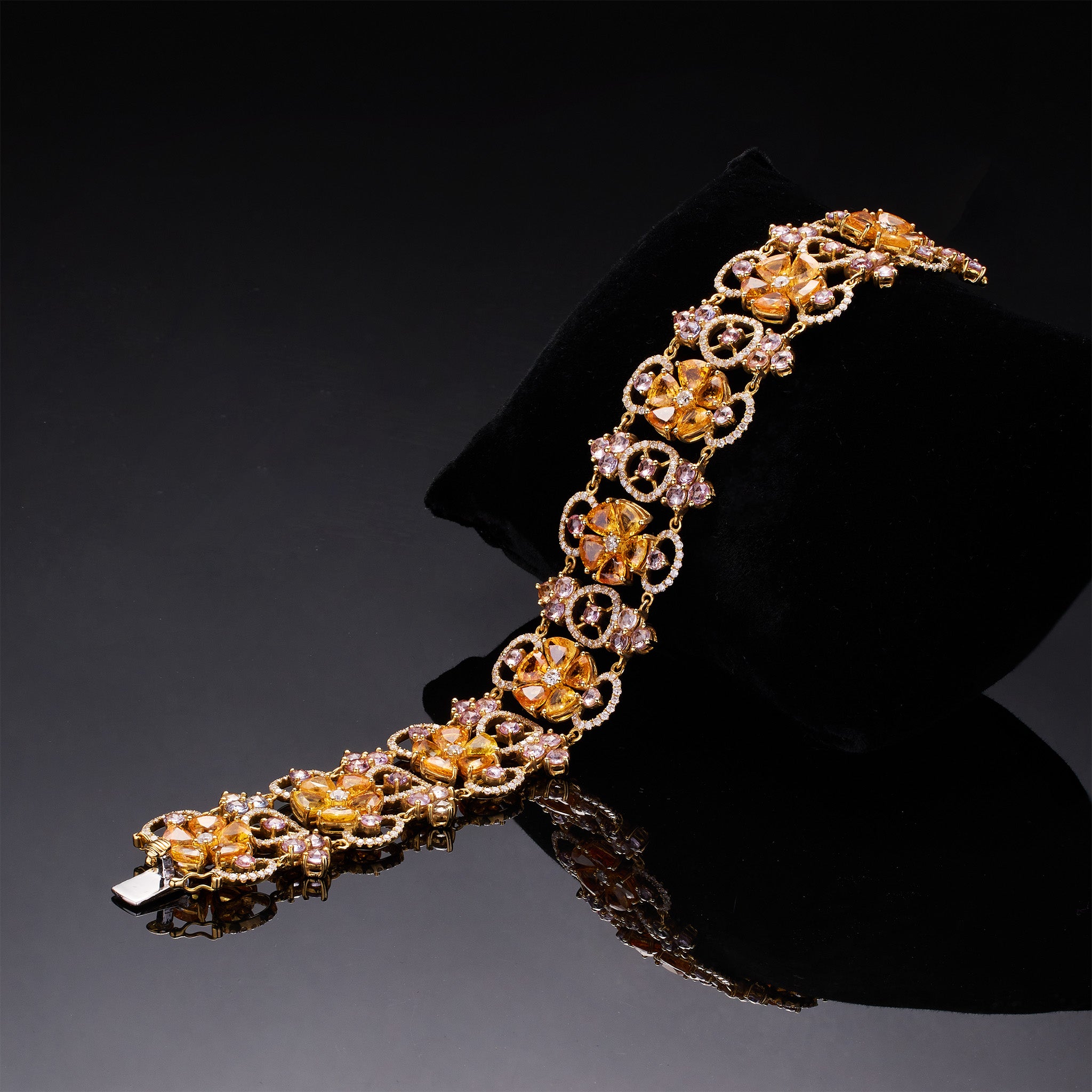 18K Yellow Gold Flower Bracelet with Natural Fancy Sapphires and Color Diamonds - Jewelry And Store