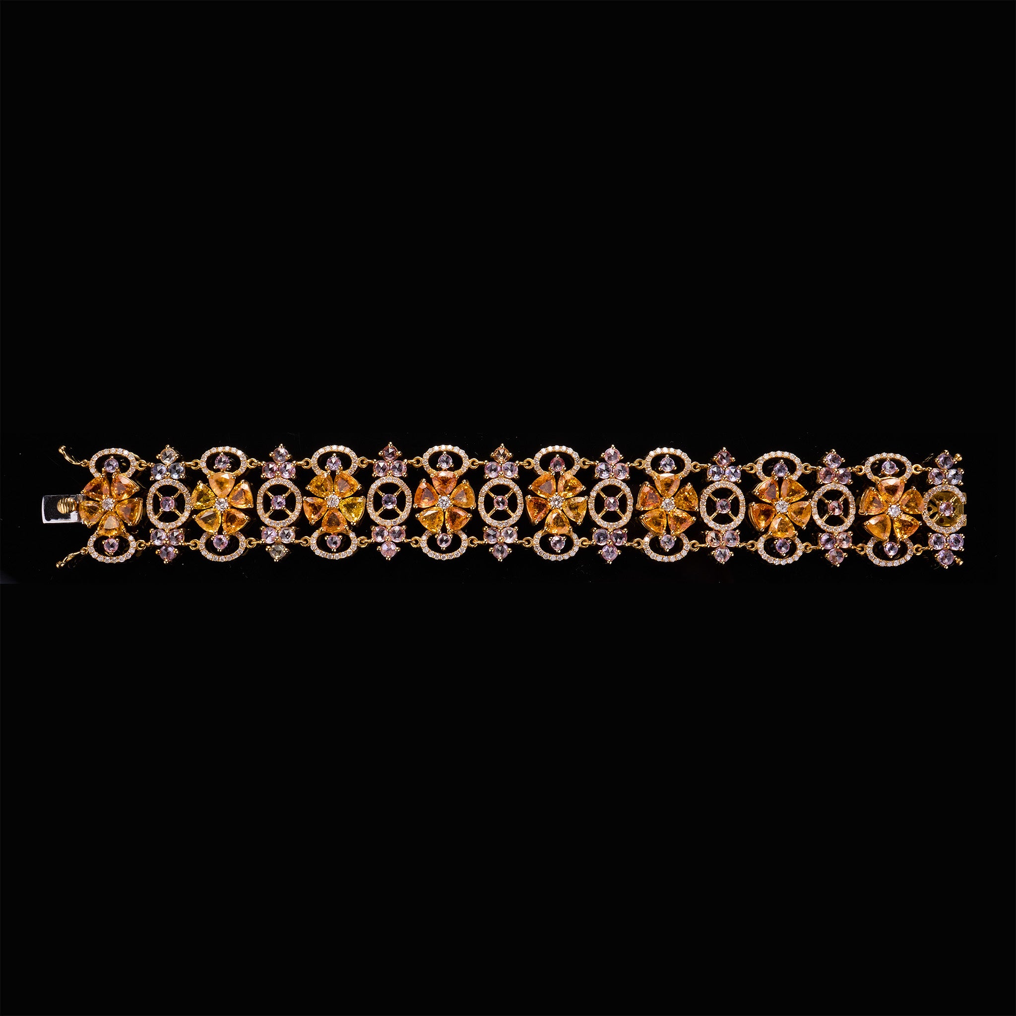 18K Yellow Gold Flower Bracelet with Natural Fancy Sapphires and Color Diamonds - Jewelry And Store