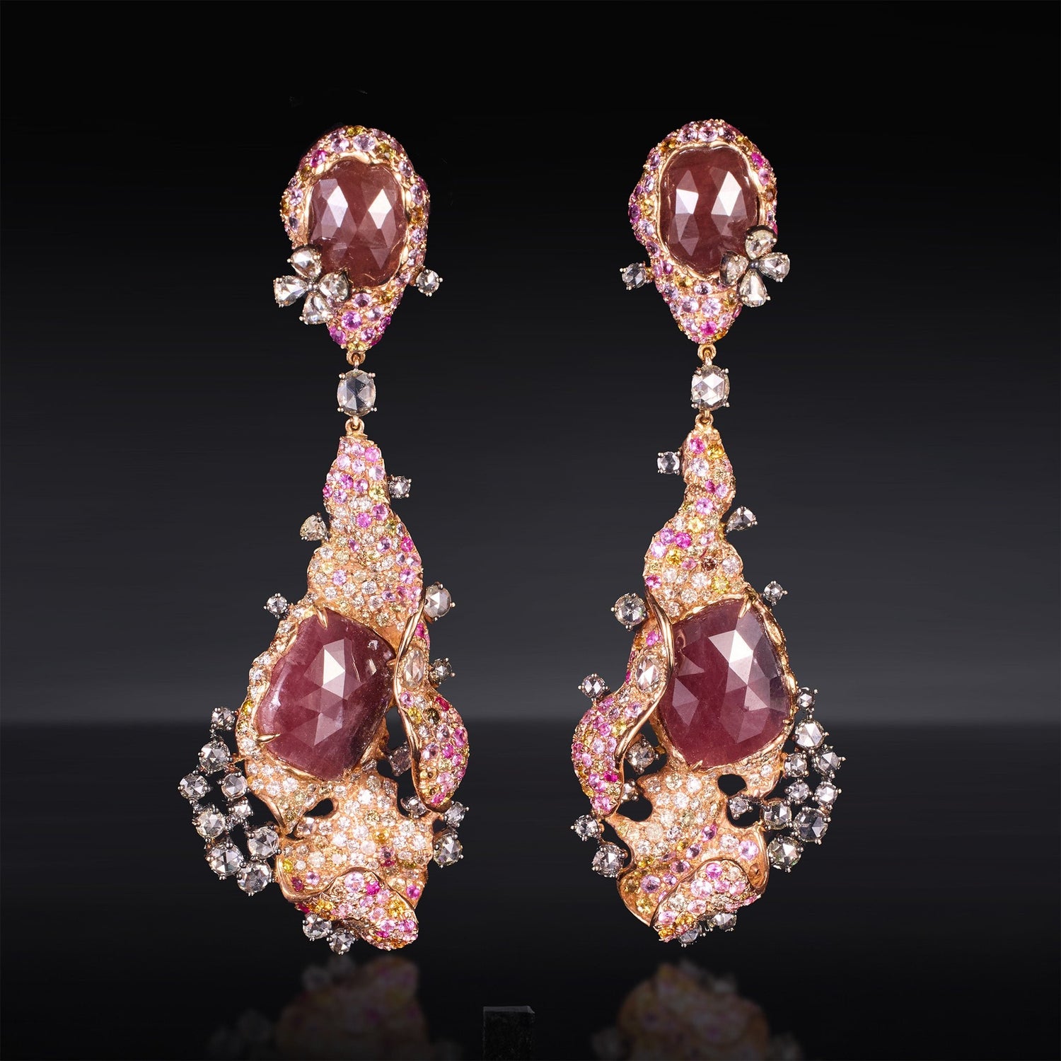 18K Gold Color Sapphire, Diamond & Ruby Evening Party Earrings - Jewelry And Store
