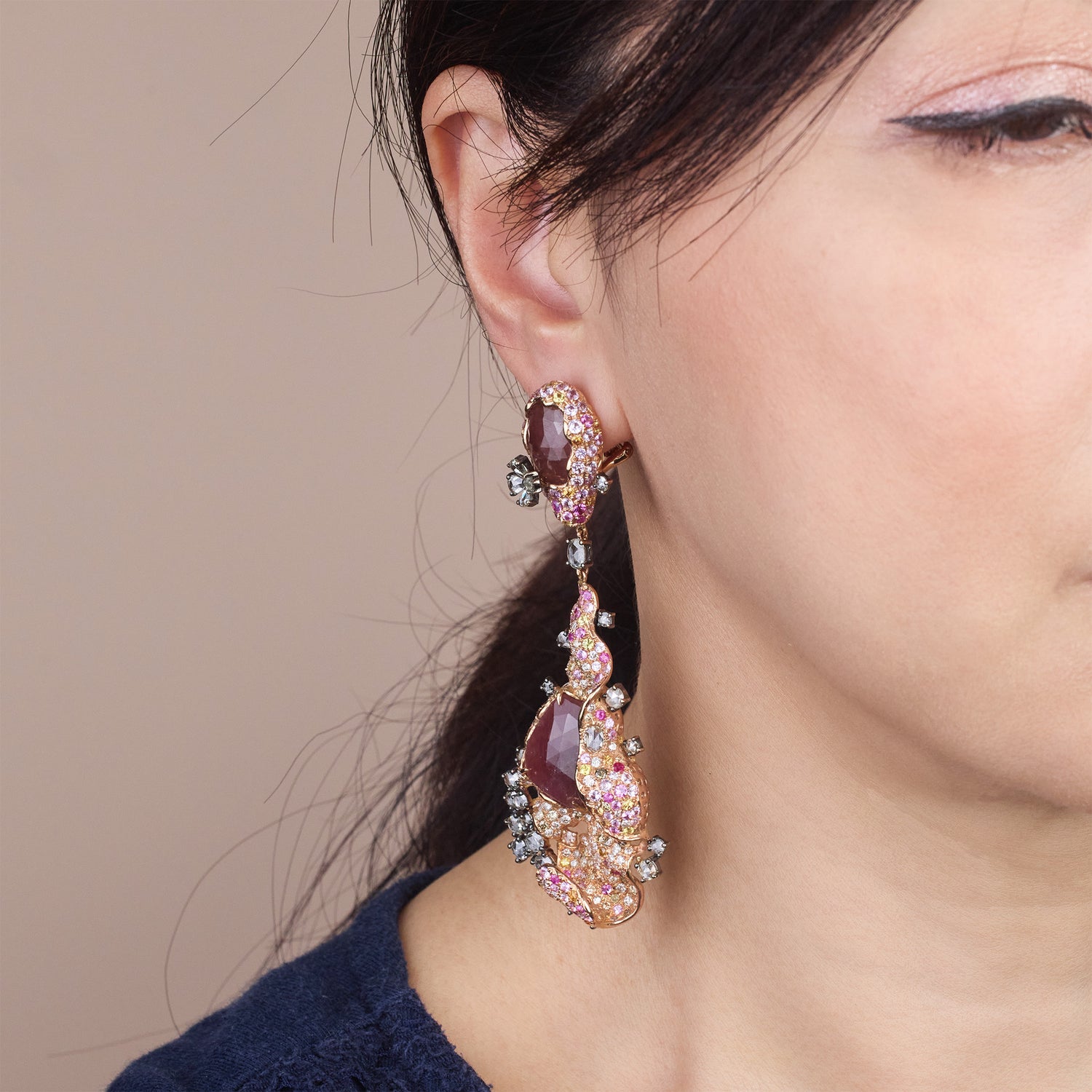 18K Gold Color Sapphire, Diamond & Ruby Evening Party Earrings - Jewelry And Store