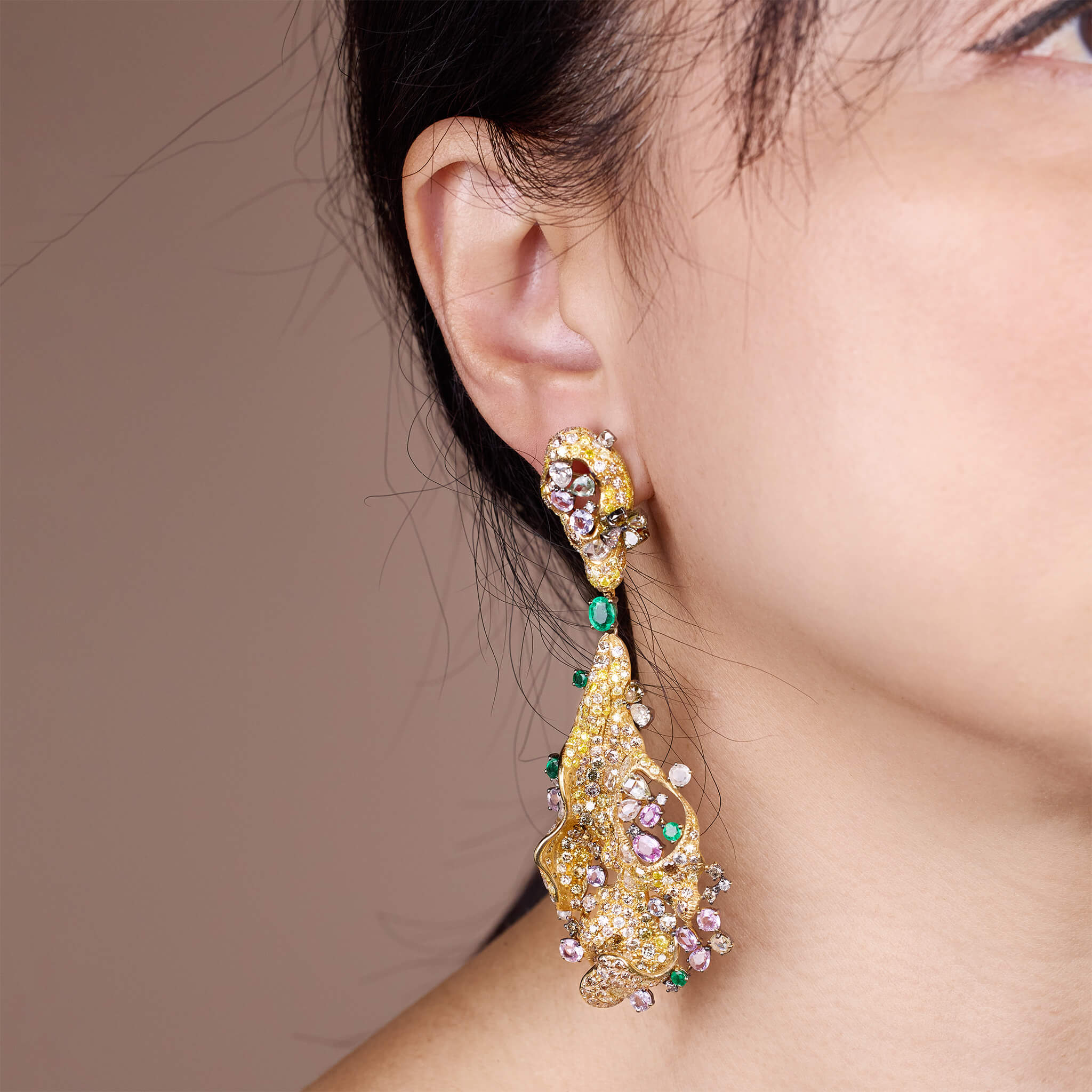 18K Gold Color Sapphire, Diamond & Emerald Evening Party Earrings - Jewelry And Store