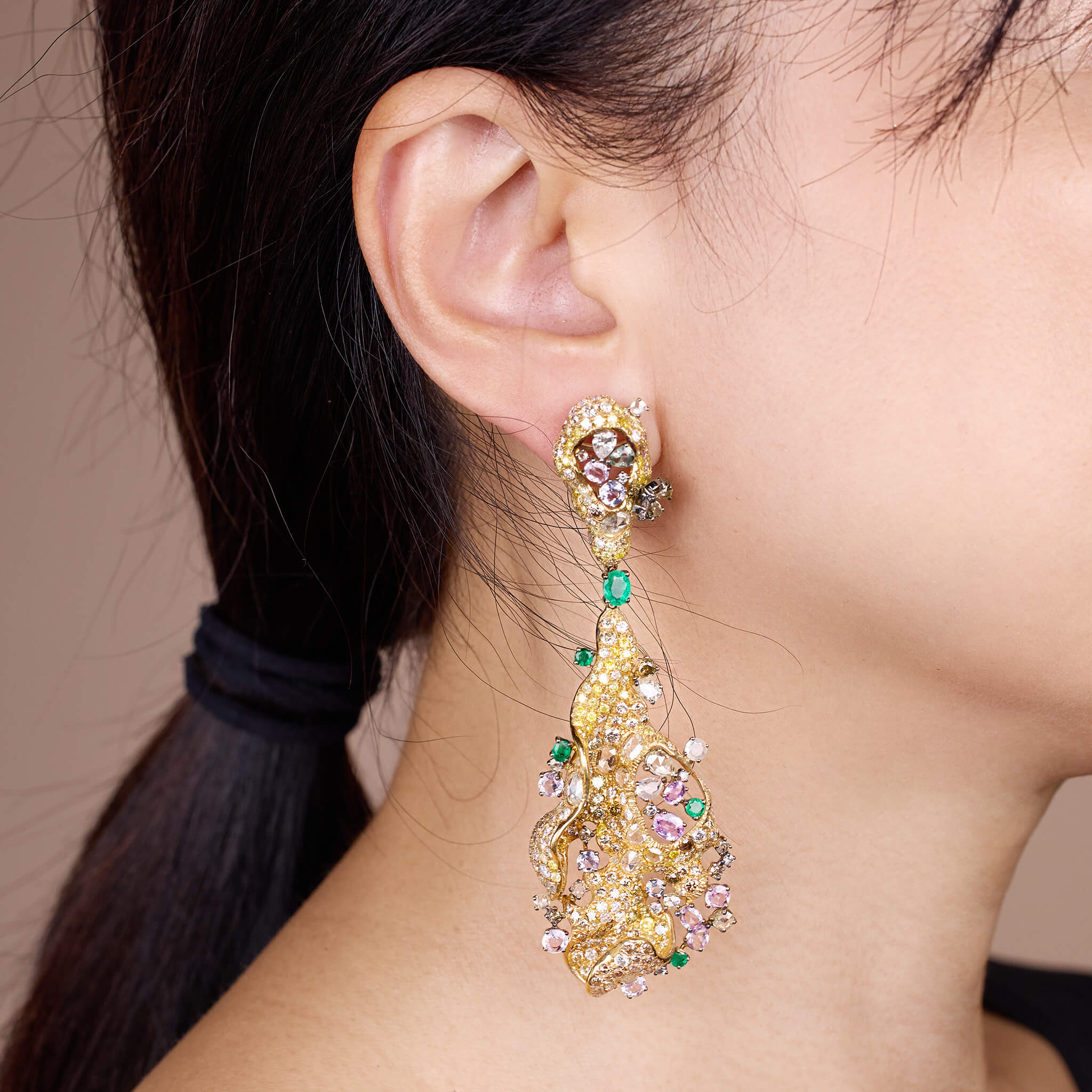 18K Gold Color Sapphire, Diamond & Emerald Evening Party Earrings - Jewelry And Store