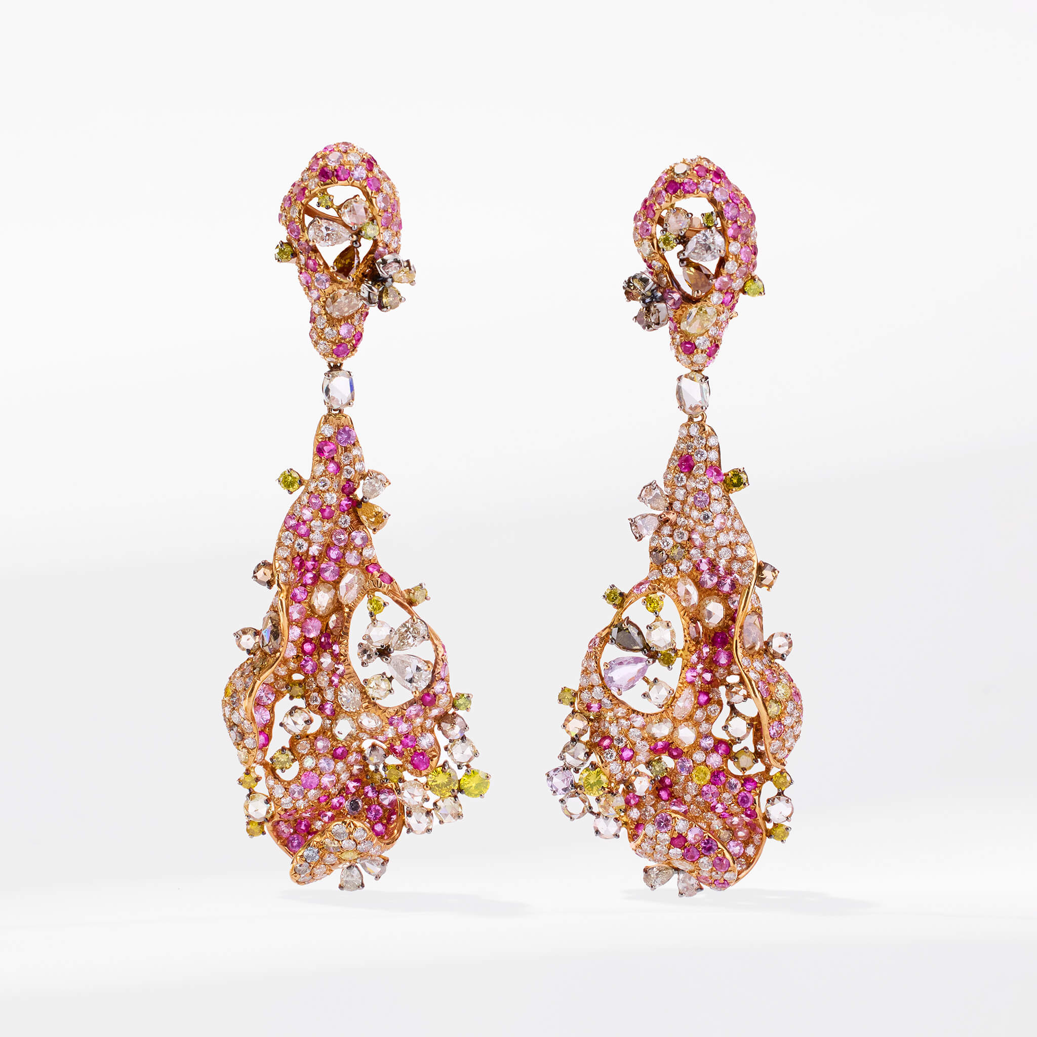 18K Gold Color Sapphire, Diamond & Ruby Evening Party Earrings