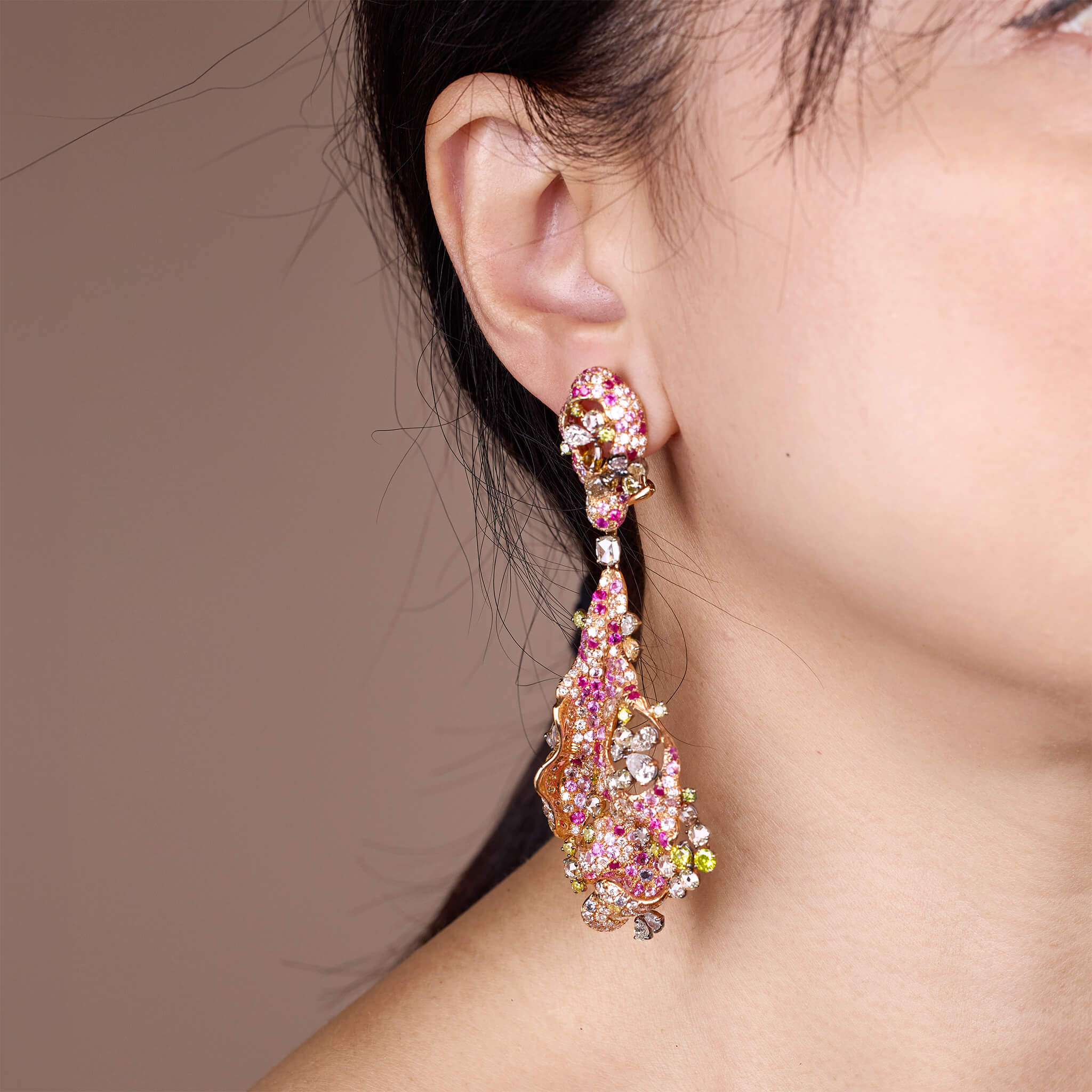 18K Gold Color Sapphire, Diamond & Ruby Evening Party Earrings