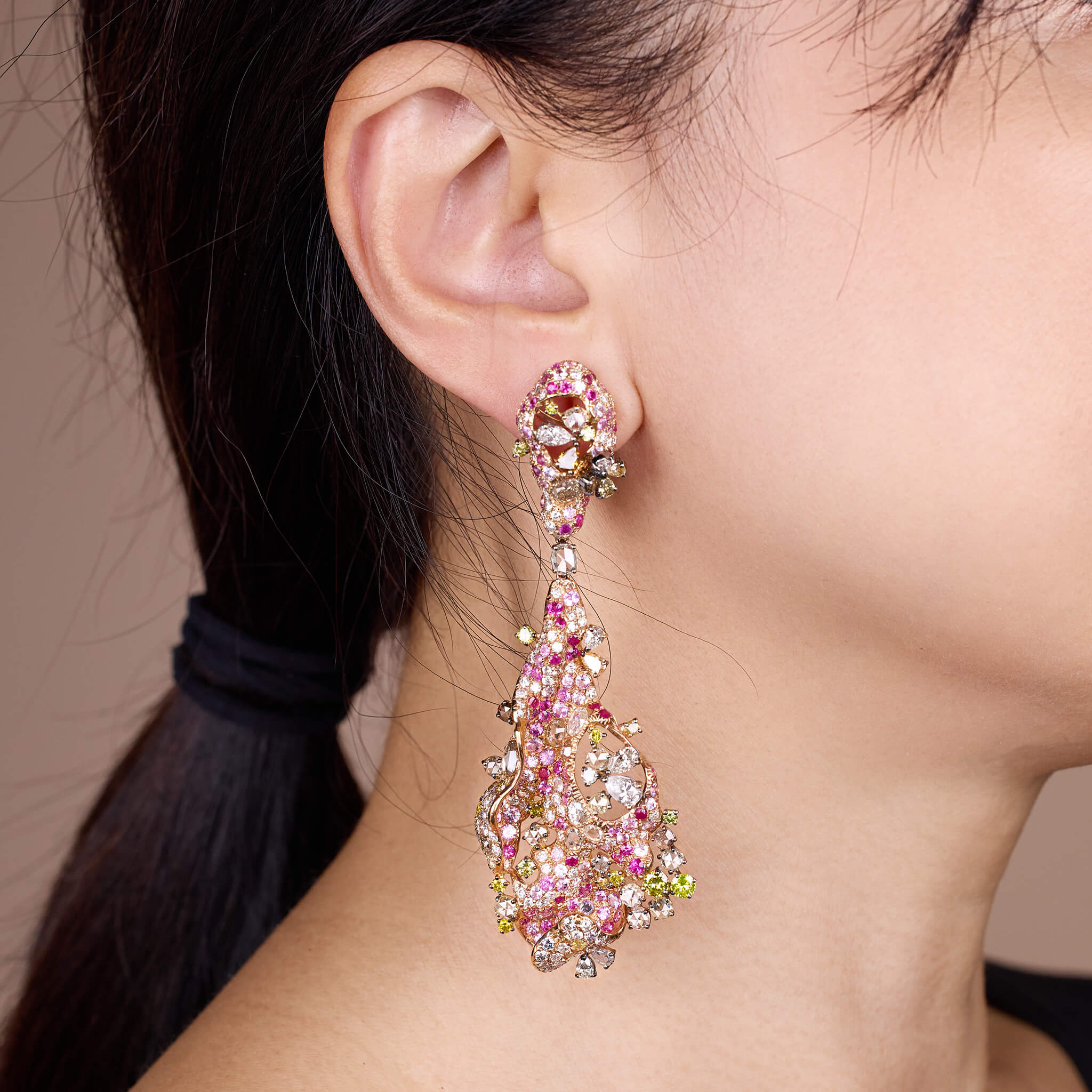 18K Gold Color Sapphire, Diamond & Ruby Evening Party Earrings