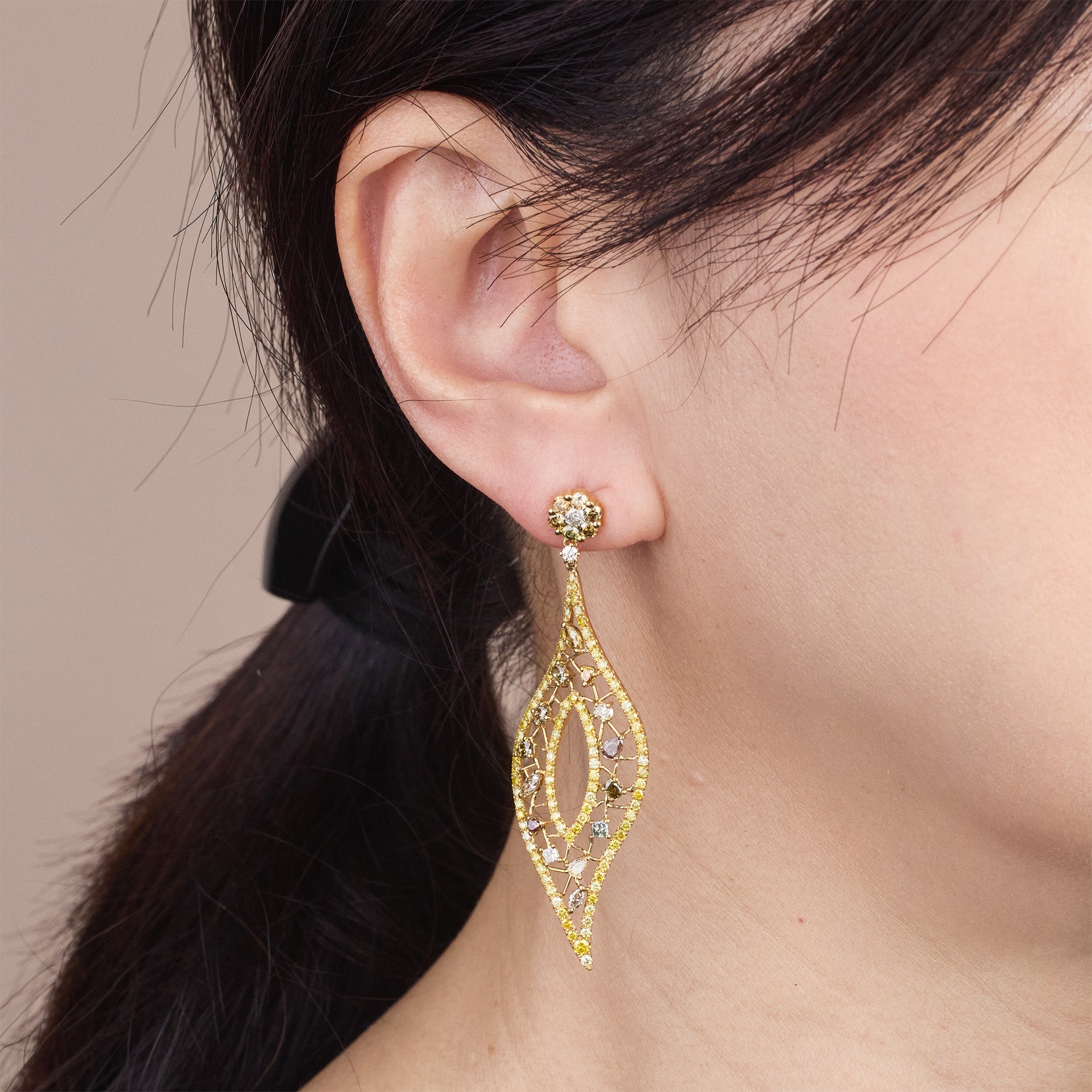18K Yellow Gold Leaf - shaped Earrings with Fancy & White Diamonds - Jewelry And Store