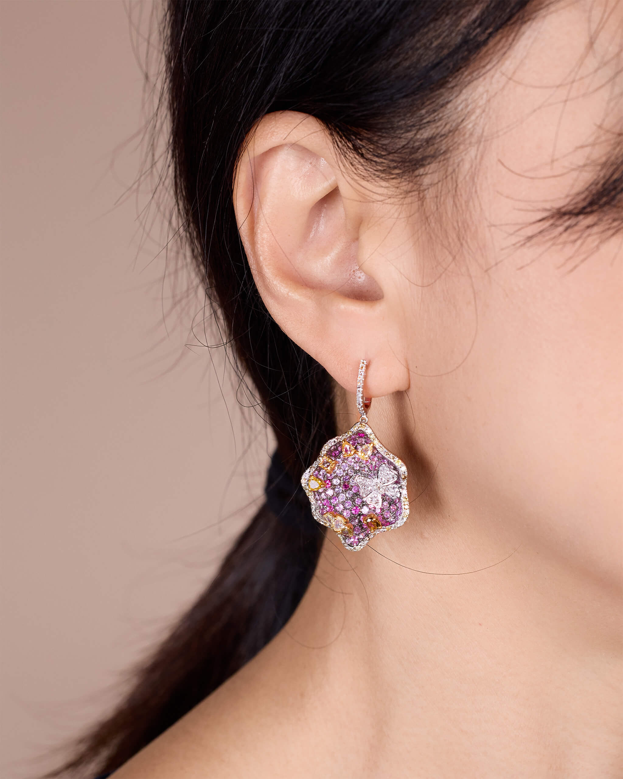 18K Gold Pink Sapphire & Diamond Drop Earrings