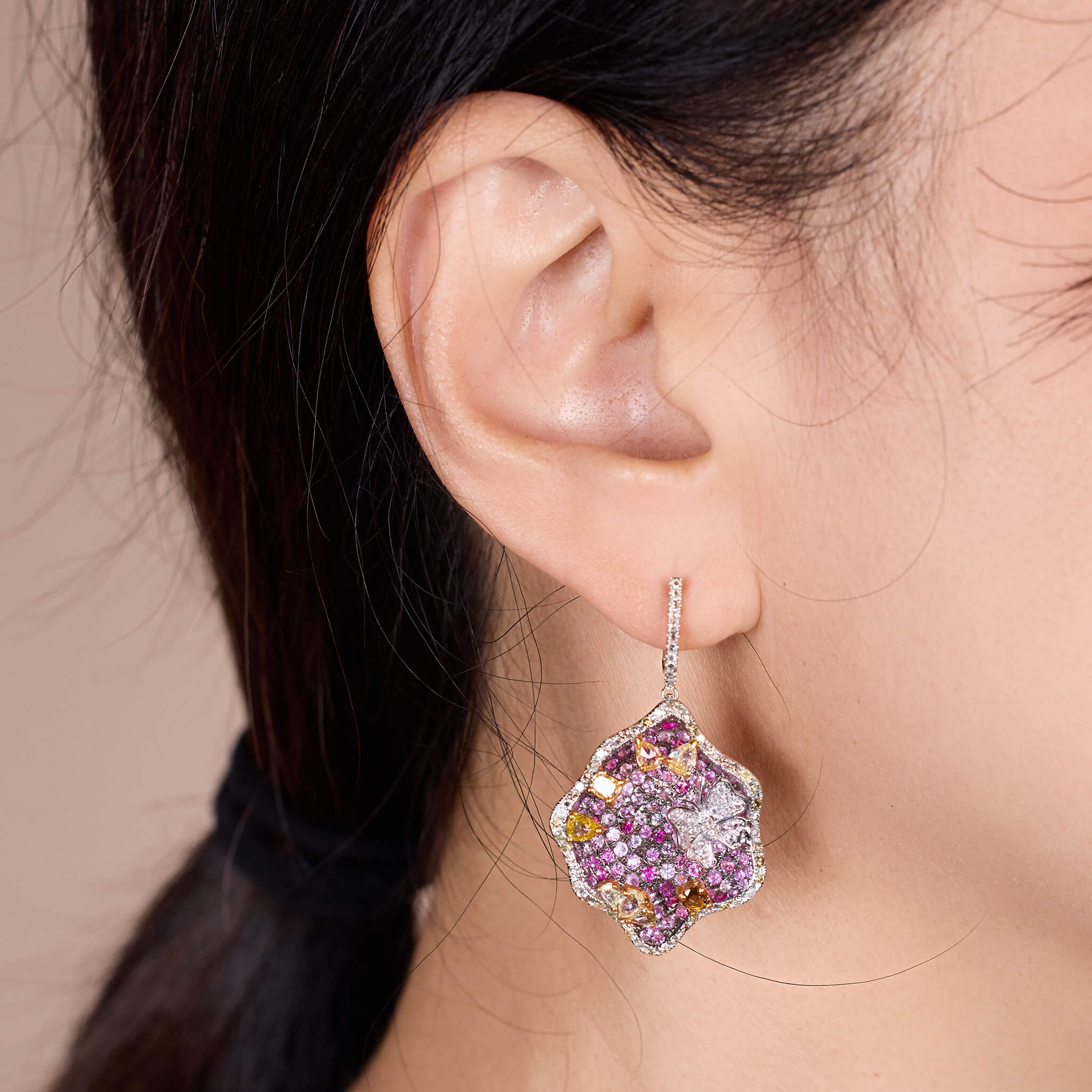 18K Gold Pink Sapphire & Diamond Drop Earrings