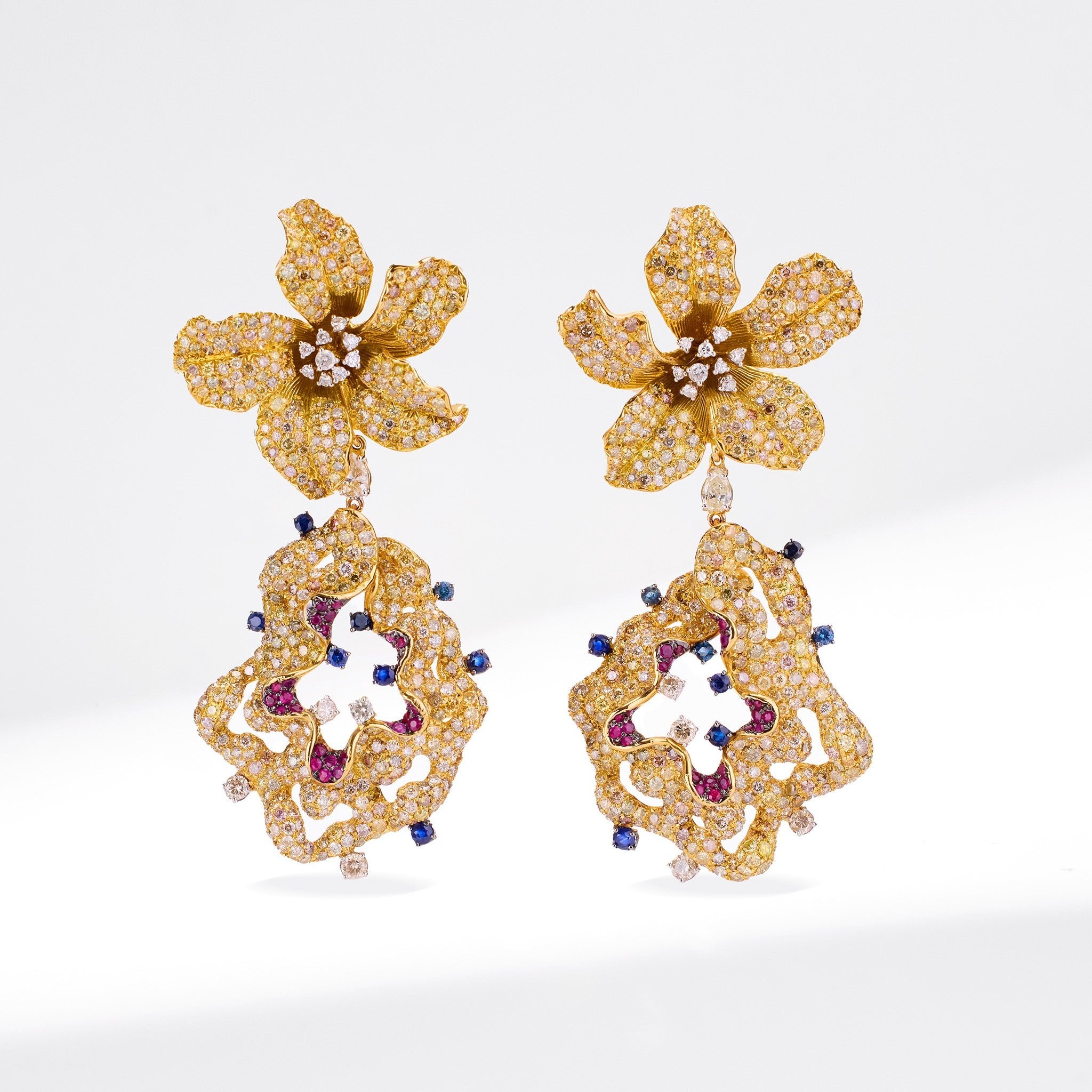 18K Yellow Gold Evening Party Earrings with Color Sapphires, Diamonds & Rubies