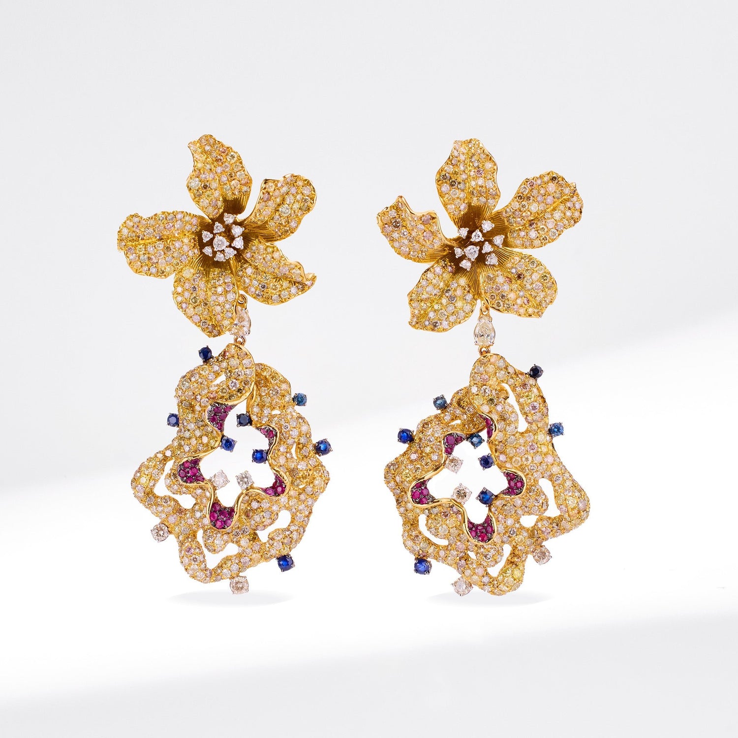 18K Yellow Gold Evening Party Earrings with Color Sapphires, Diamonds & Rubies - Jewelry And Store