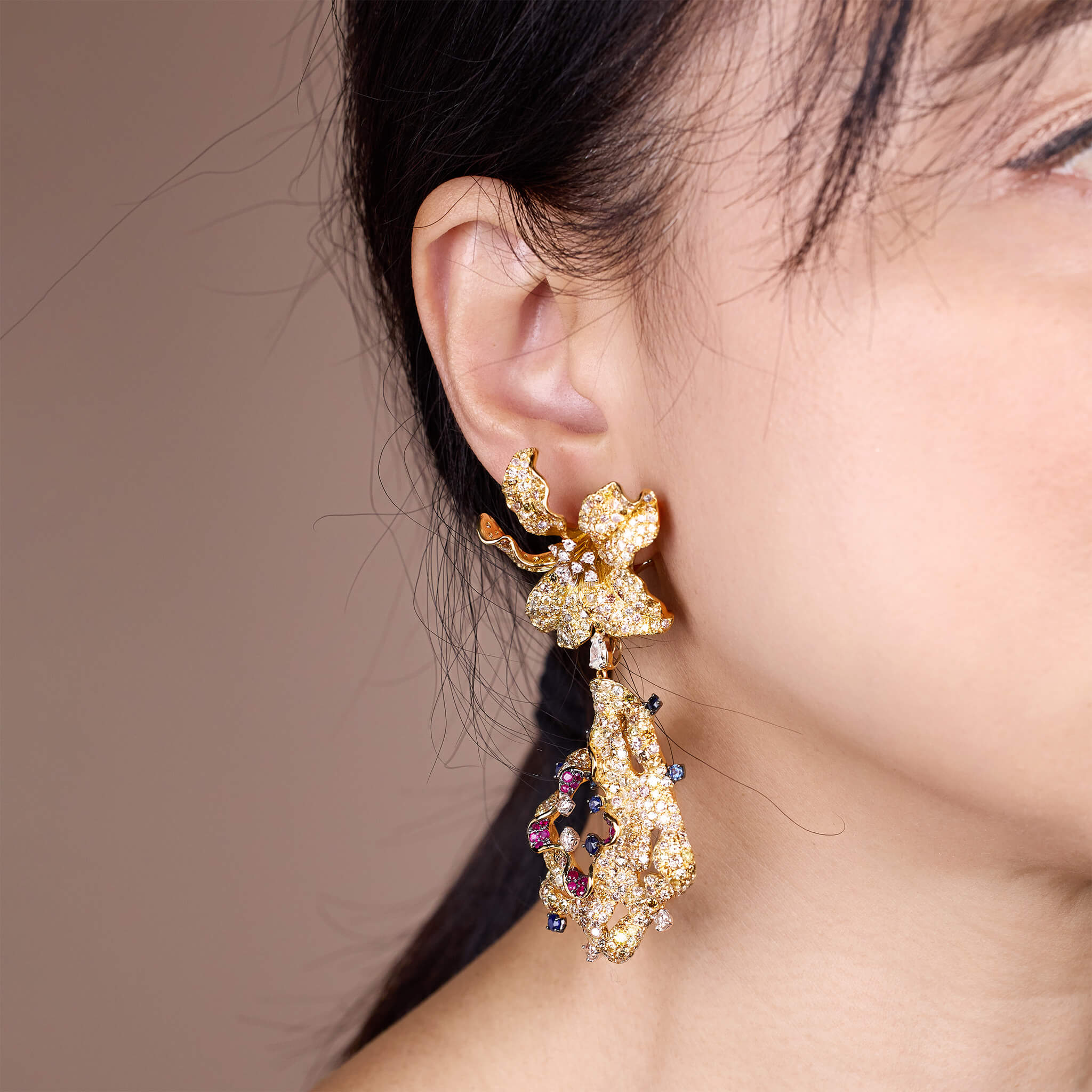 18K Yellow Gold Evening Party Earrings with Color Sapphires, Diamonds & Rubies