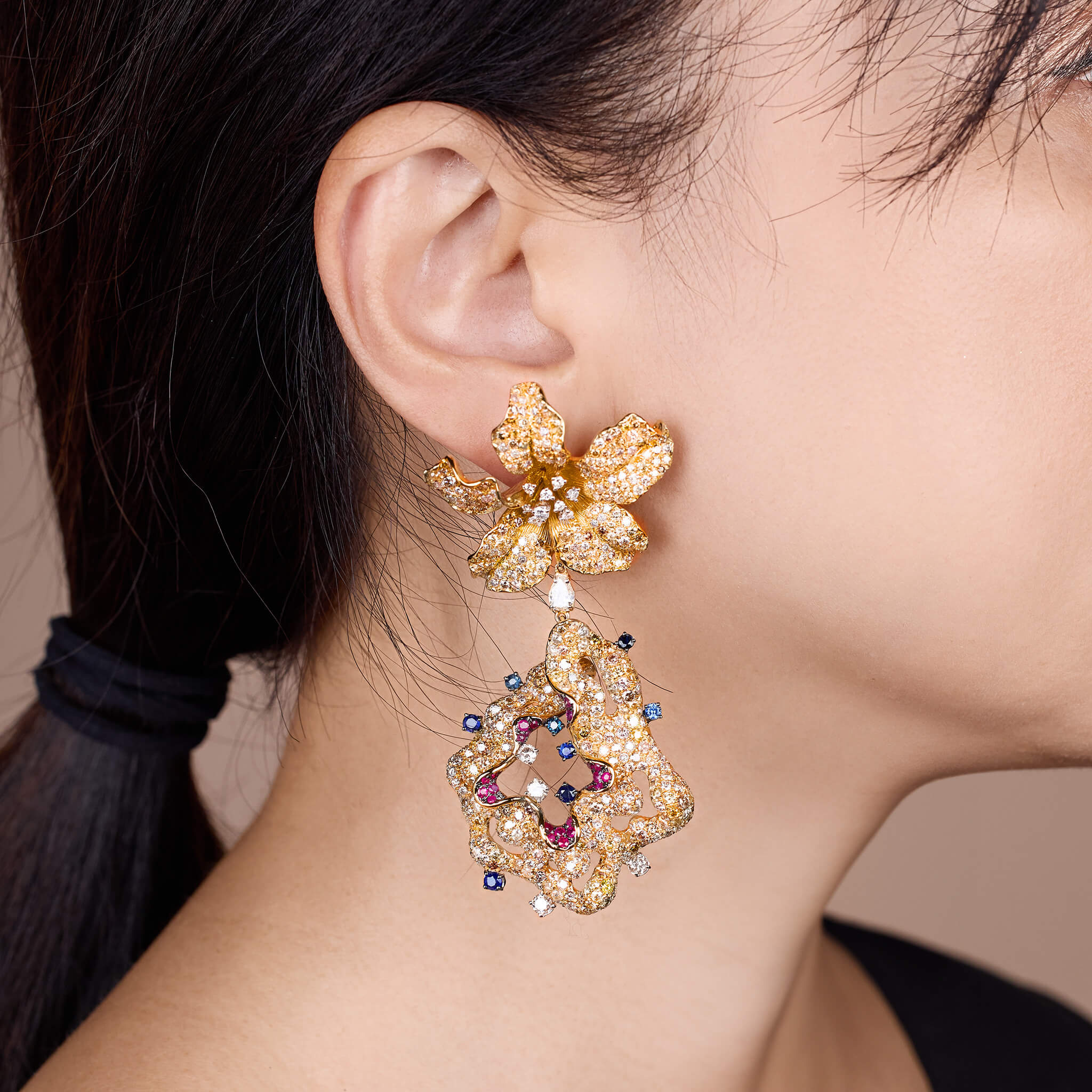 18K Yellow Gold Evening Party Earrings with Color Sapphires, Diamonds & Rubies