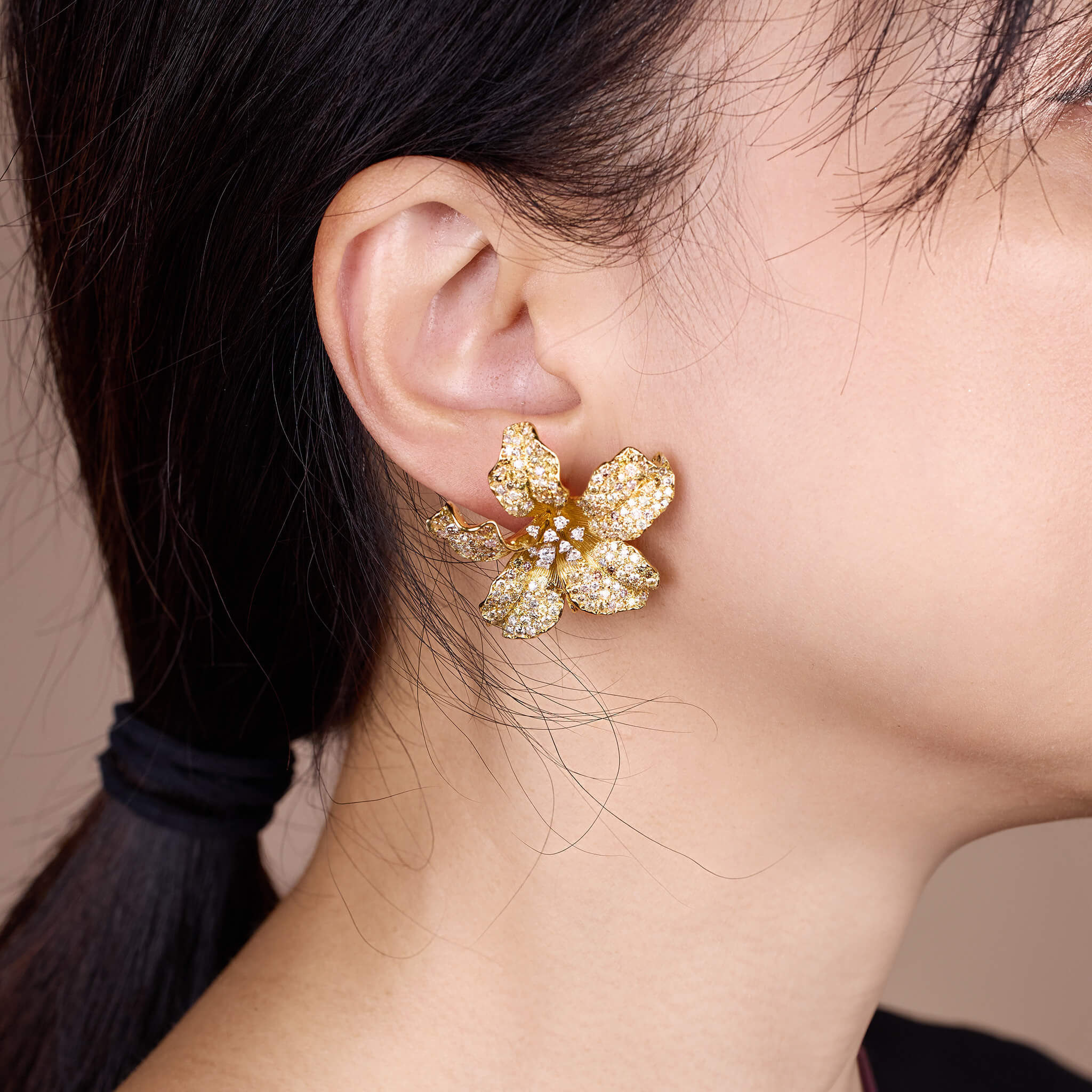 18K Yellow Gold Evening Party Earrings with Color Sapphires, Diamonds & Rubies