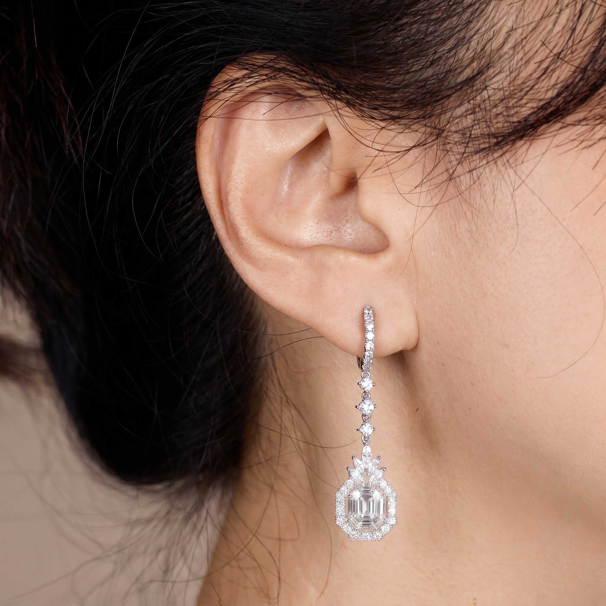 3.32ctw Natural Mixed Cut Diamond Drop Earrings in 18K White Gold - JewelryAndStore