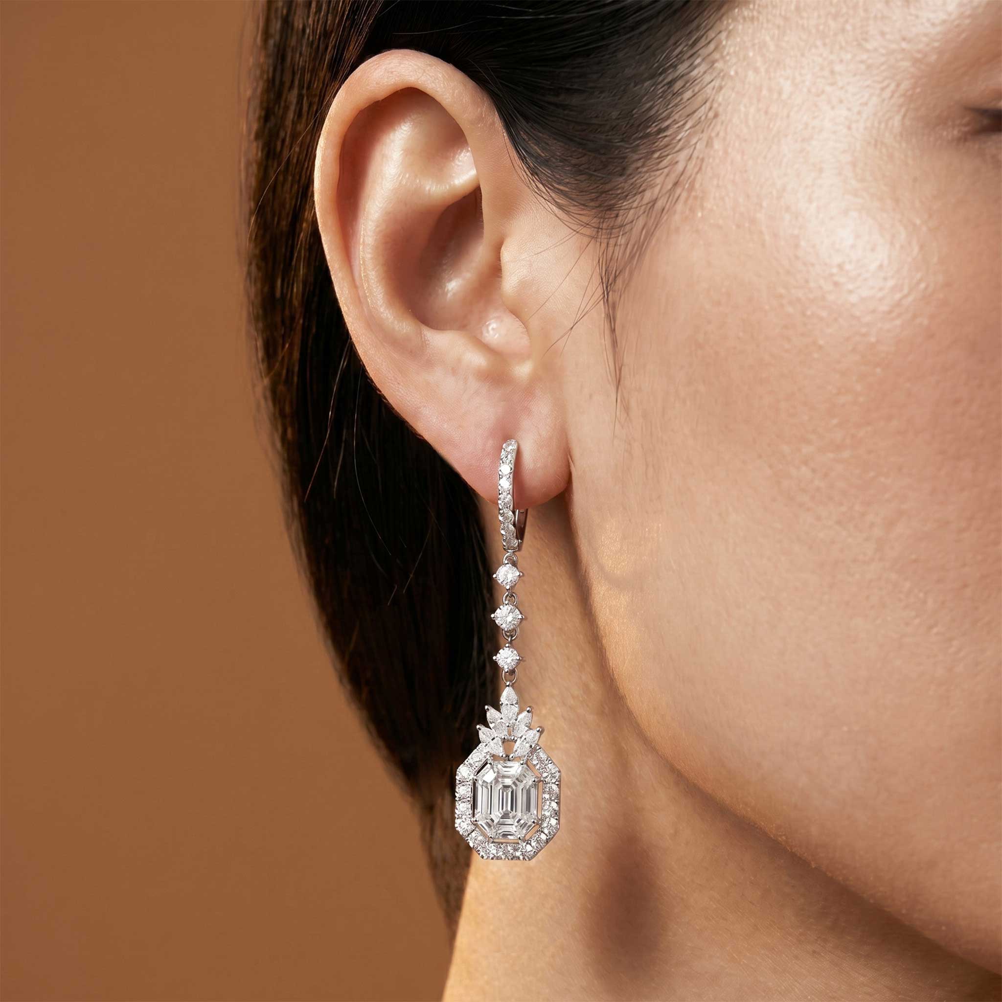 3.32ctw Natural Mixed Cut Diamond Drop Earrings in 18K White Gold - JewelryAndStore