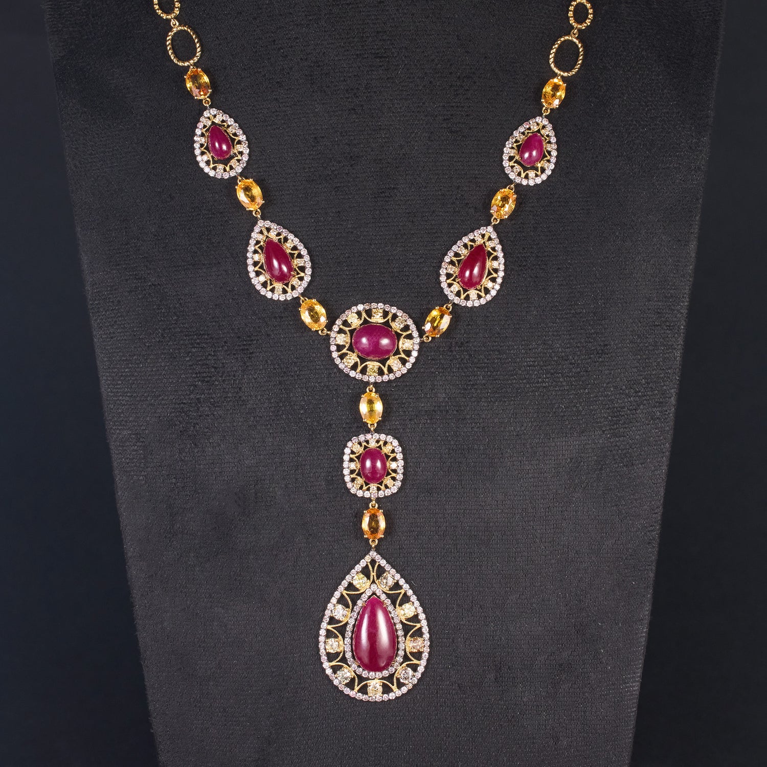 18K Gold Y - Necklace with Natural Oval Rubies, Diamonds and Fancy Sapphires - Jewelry And Store