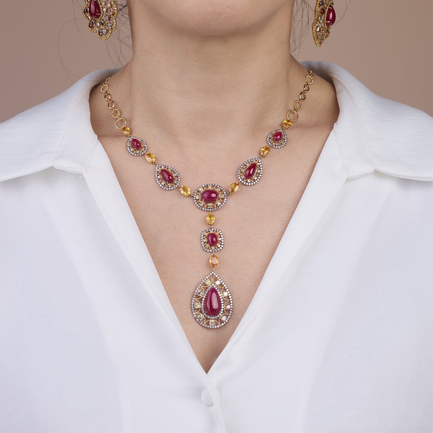 18K Gold Y - Necklace with Natural Oval Rubies, Diamonds and Fancy Sapphires - Jewelry And Store