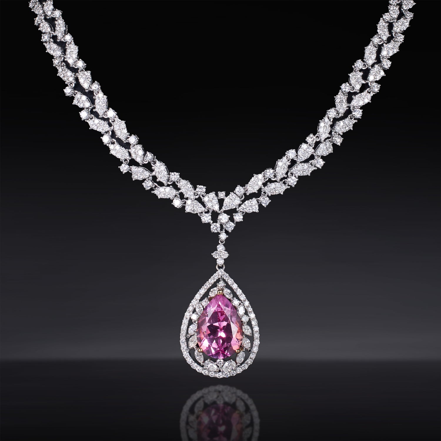 18K Gold Necklace with 14.16ct Natural Pink Topaz & 15.85ct.tw. Diamonds - Jewelry And Store