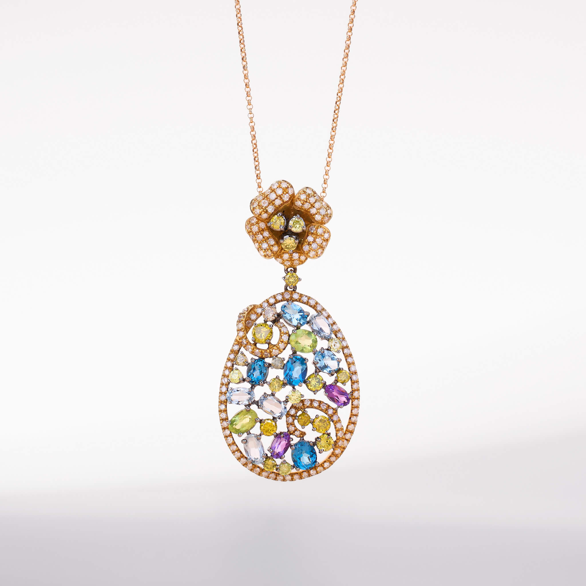 18K Gold Yellow Diamond & Colorstone Flower Pendant - Jewelry And Store