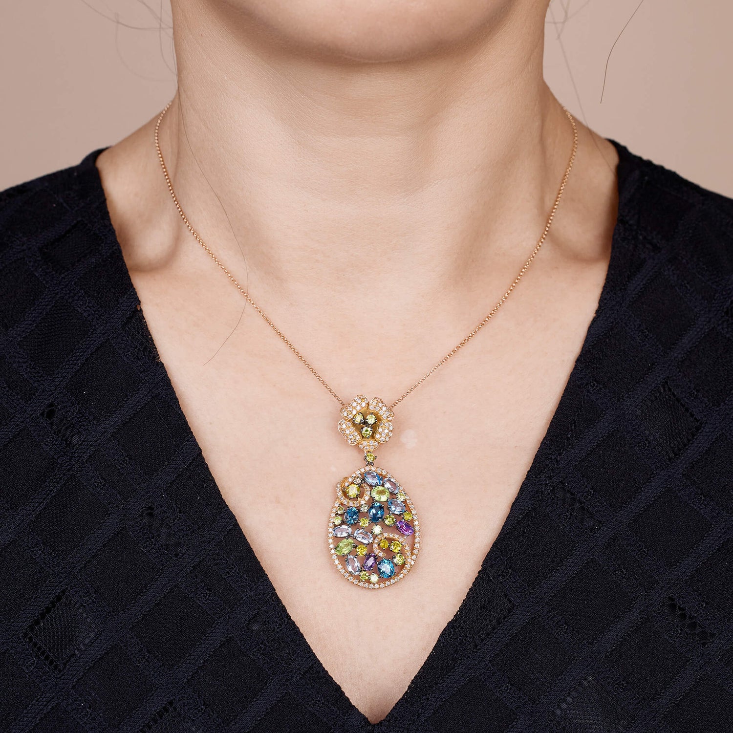 18K Gold Yellow Diamond & Colorstone Flower Pendant - Jewelry And Store