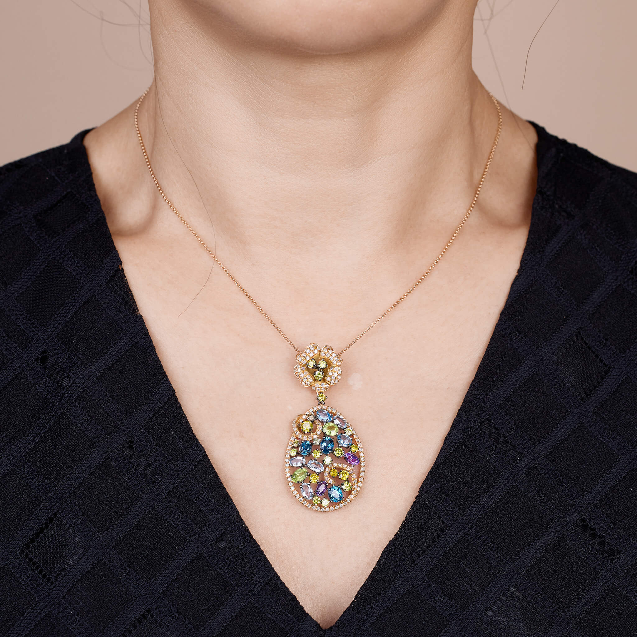 18K Gold Yellow Diamond & Colorstone Flower Pendant - Jewelry And Store