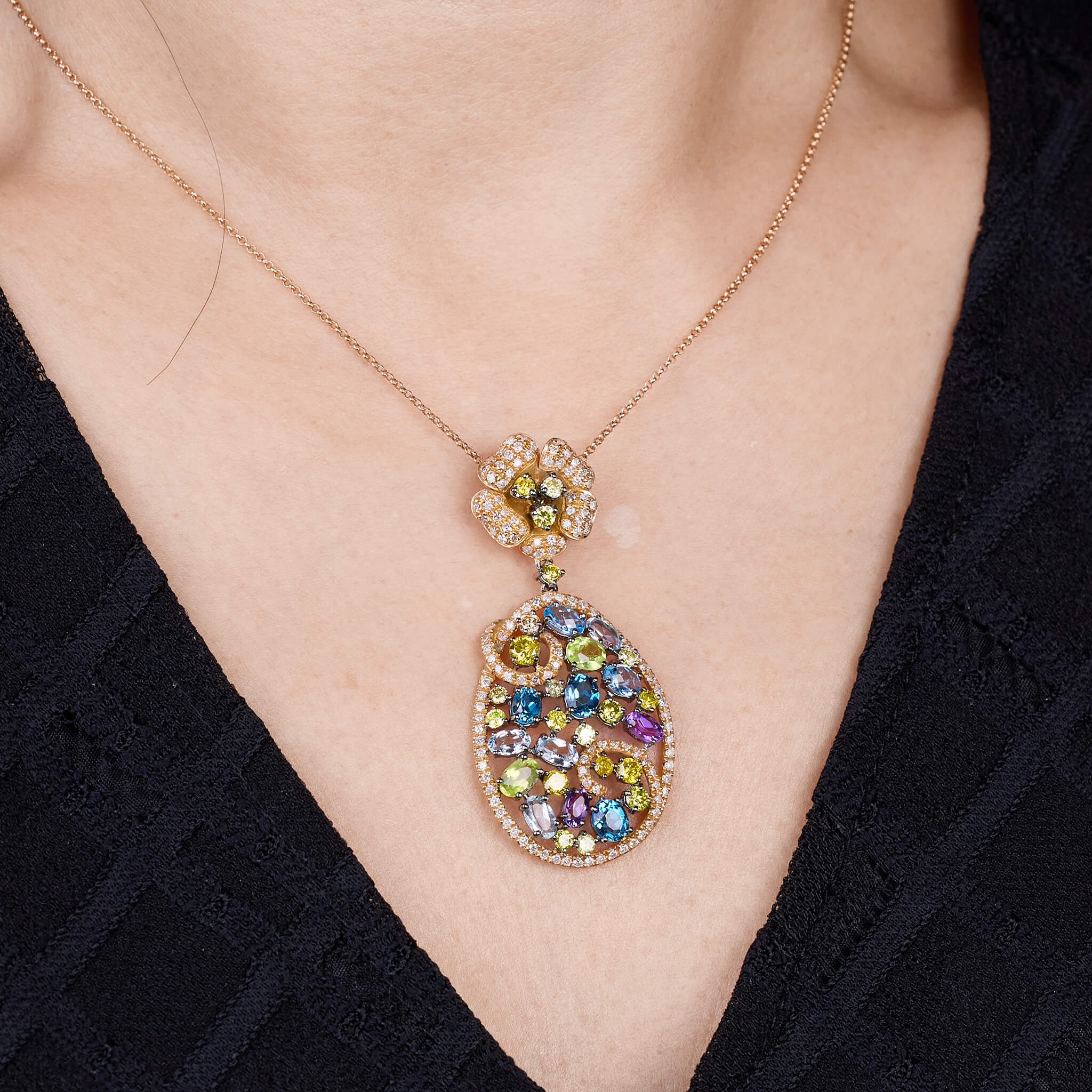 18K Gold Yellow Diamond & Colorstone Flower Pendant - Jewelry And Store