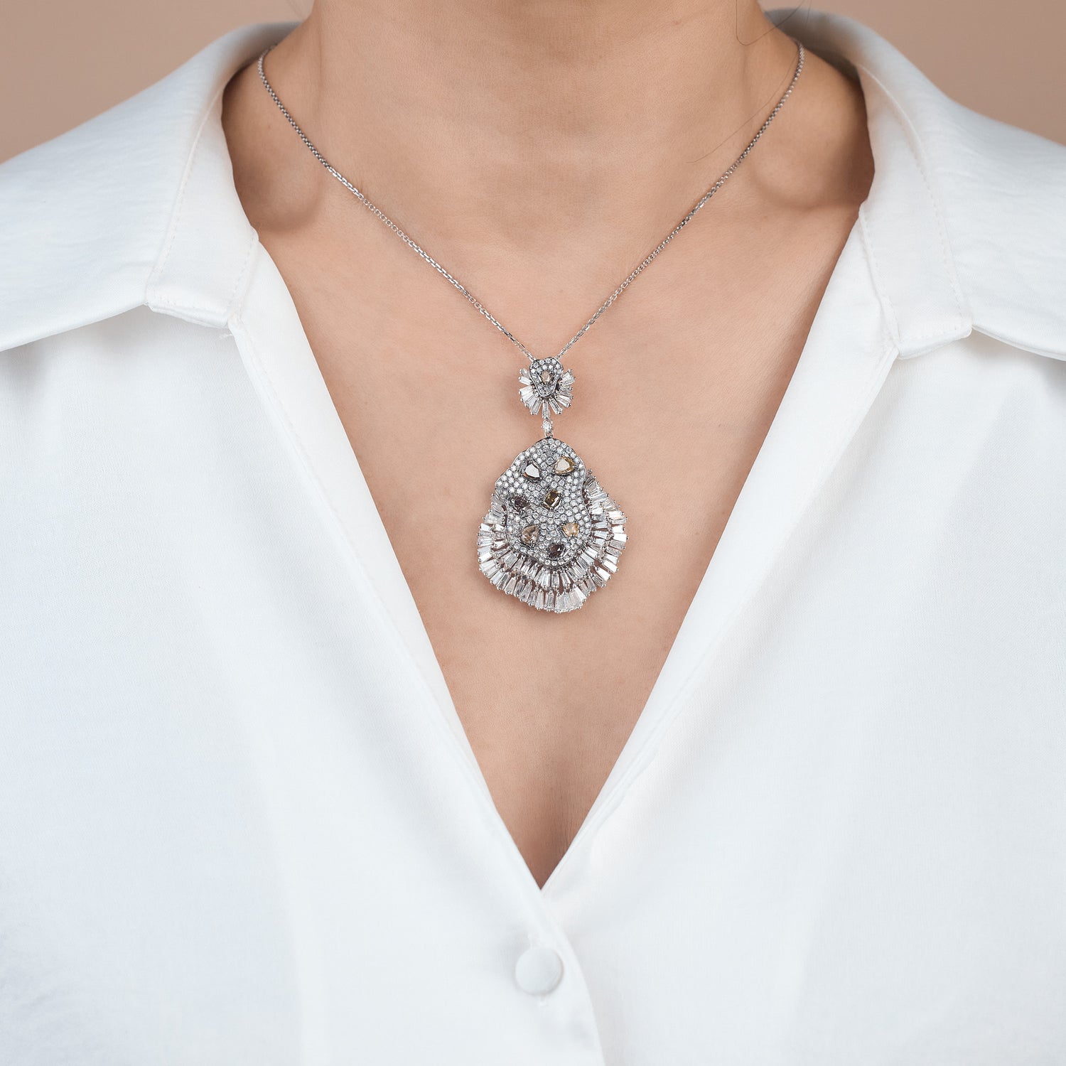 18K White Gold Art Deco Pendant with Natural Diamonds - Jewelry And Store