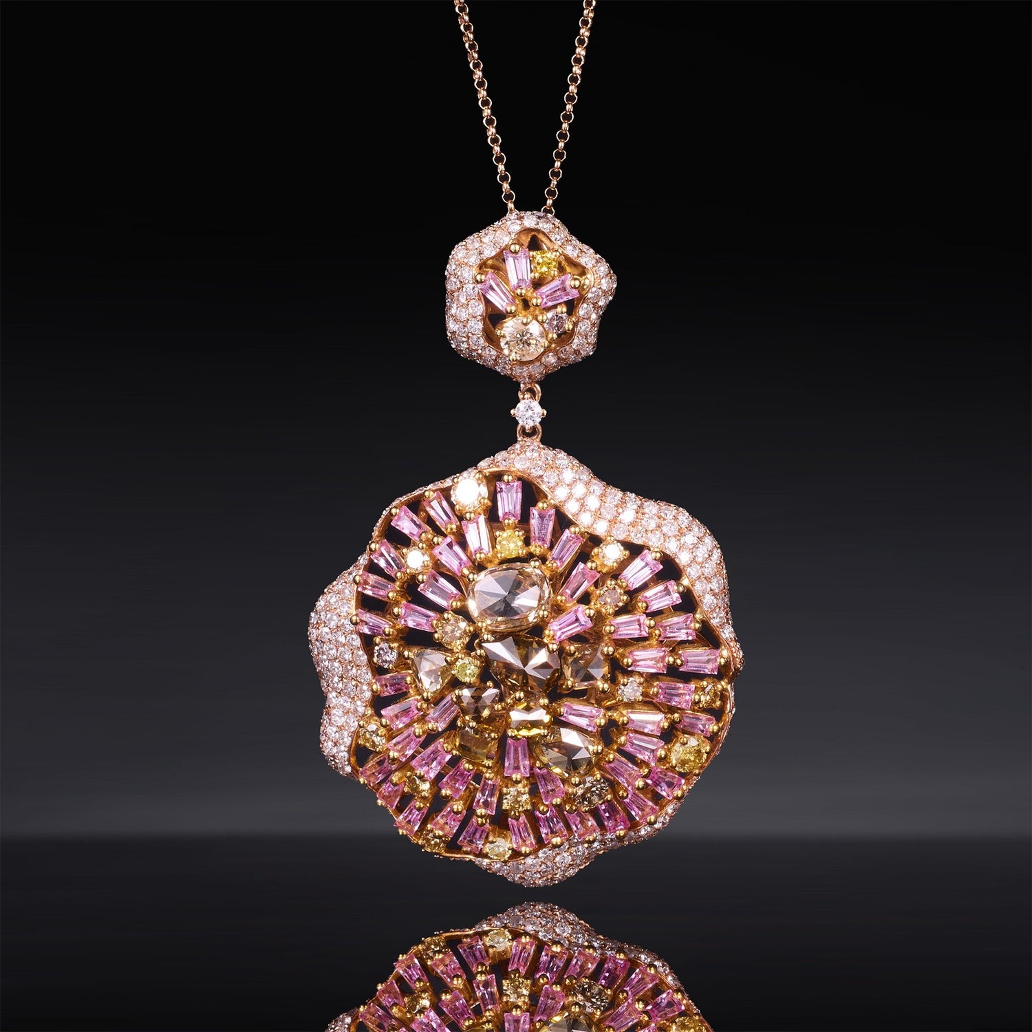 18K Rose Gold Pendant with Pink Sapphires, Pink Diamonds & Color Diamonds - Jewelry And Store