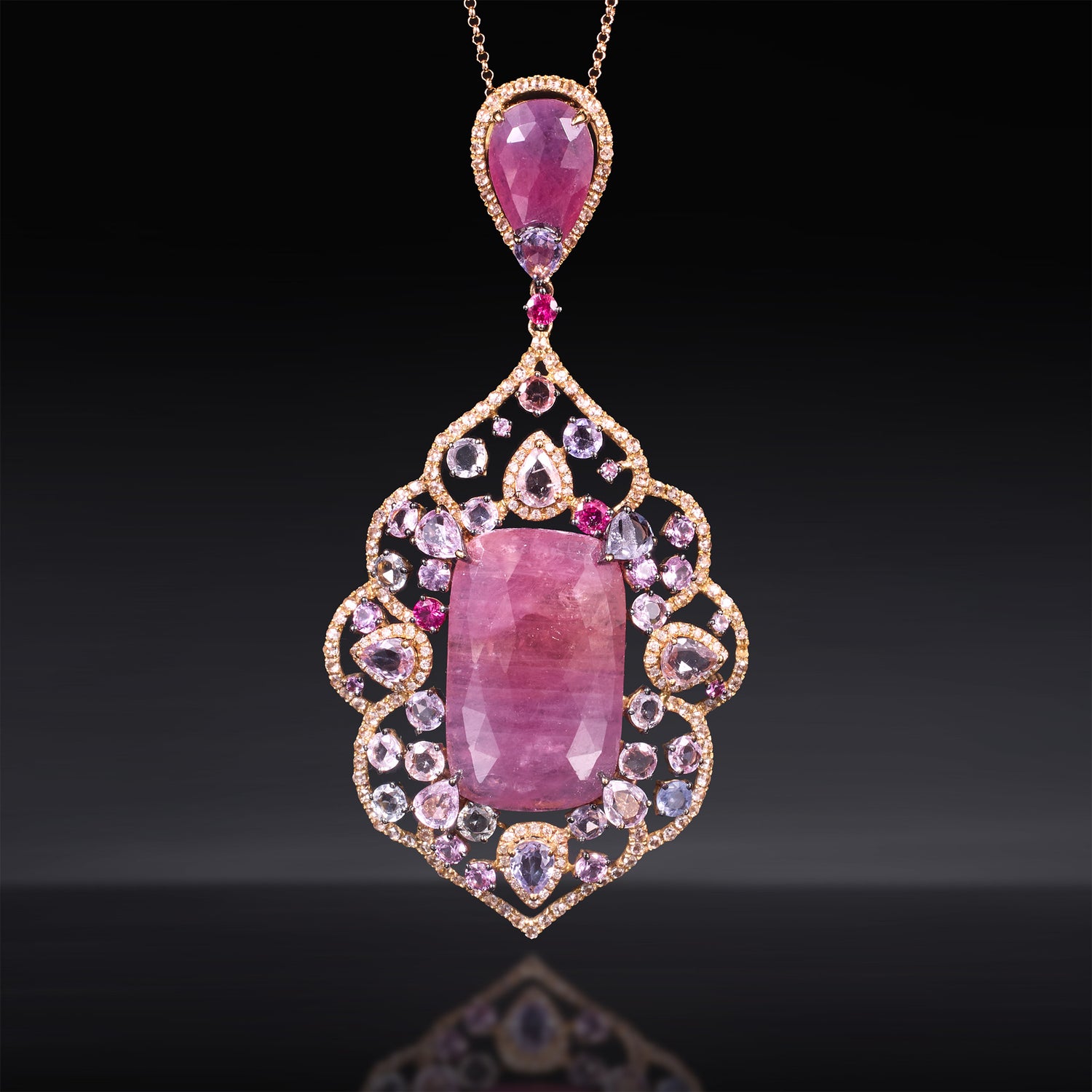 18K Rose Gold Pendant with Pink Slice Sapphire and Color Diamonds - Jewelry And Store