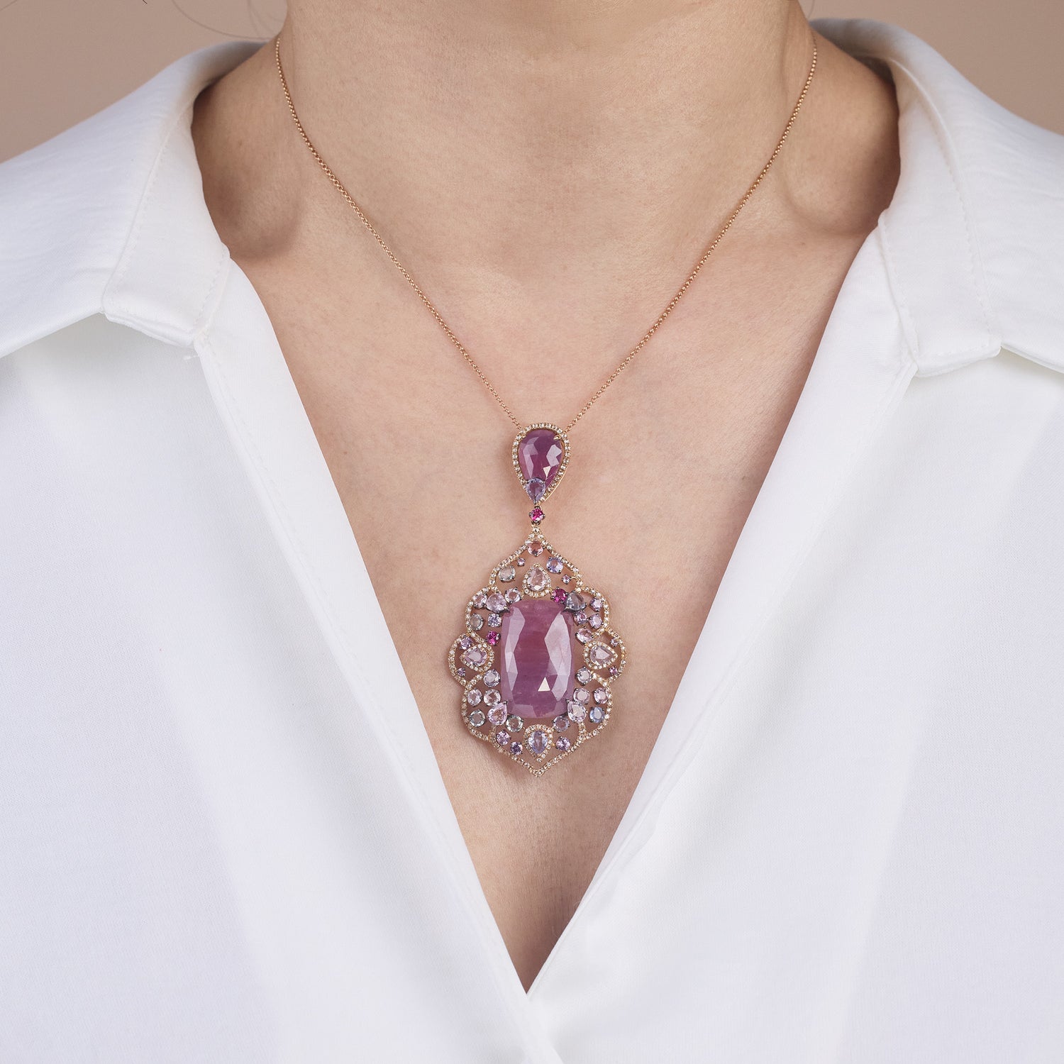 18K Rose Gold Pendant with Pink Slice Sapphire and Color Diamonds - Jewelry And Store