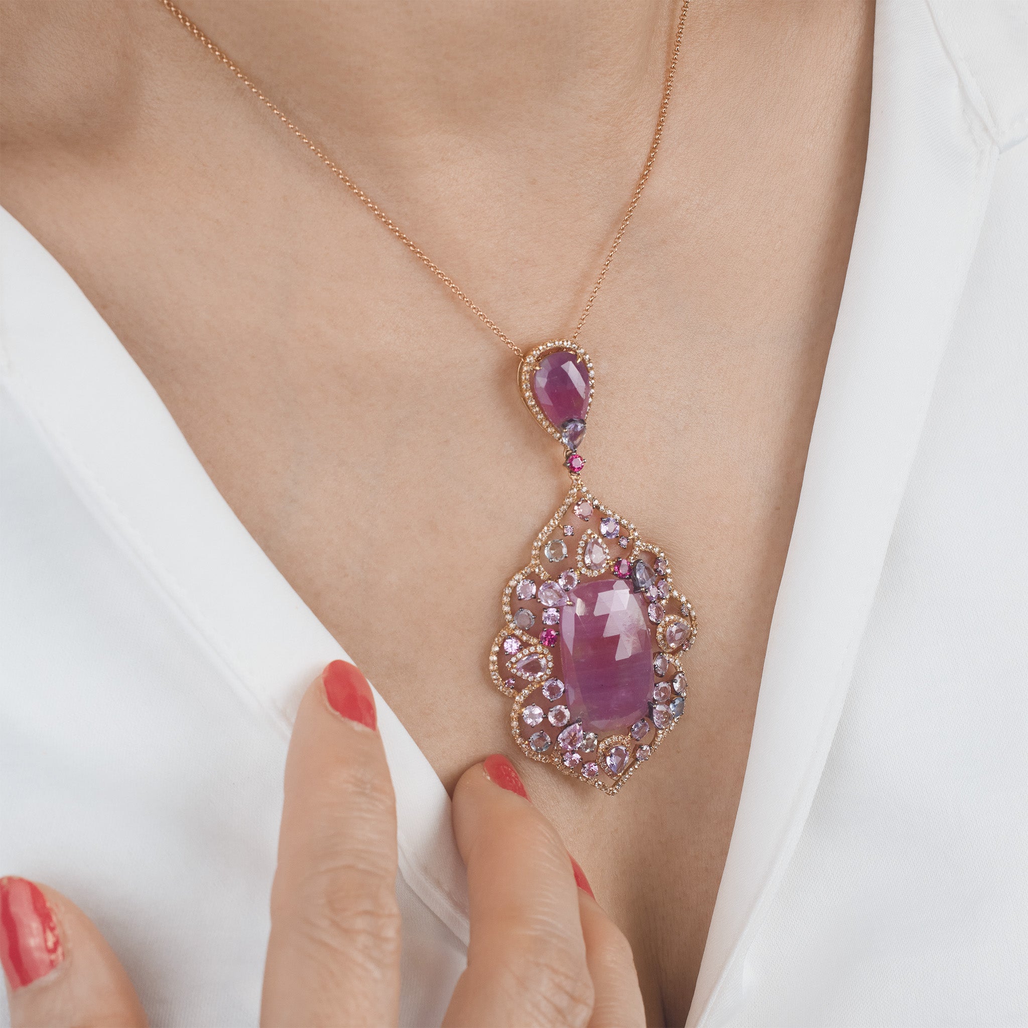 18K Rose Gold Pendant with Pink Slice Sapphire and Color Diamonds - Jewelry And Store