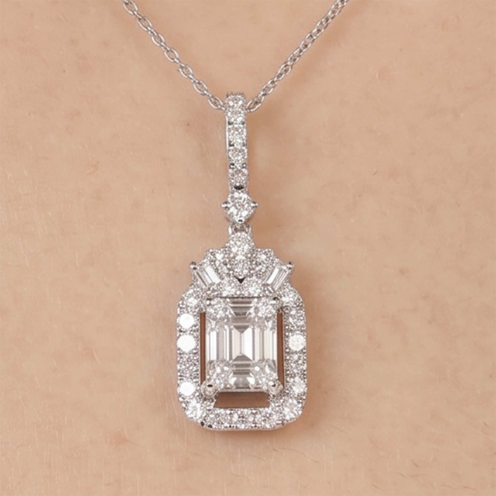 0.97ct Natural Diamond Baguette Illusion Pendant in 18K White Gold - JewelryAndStore